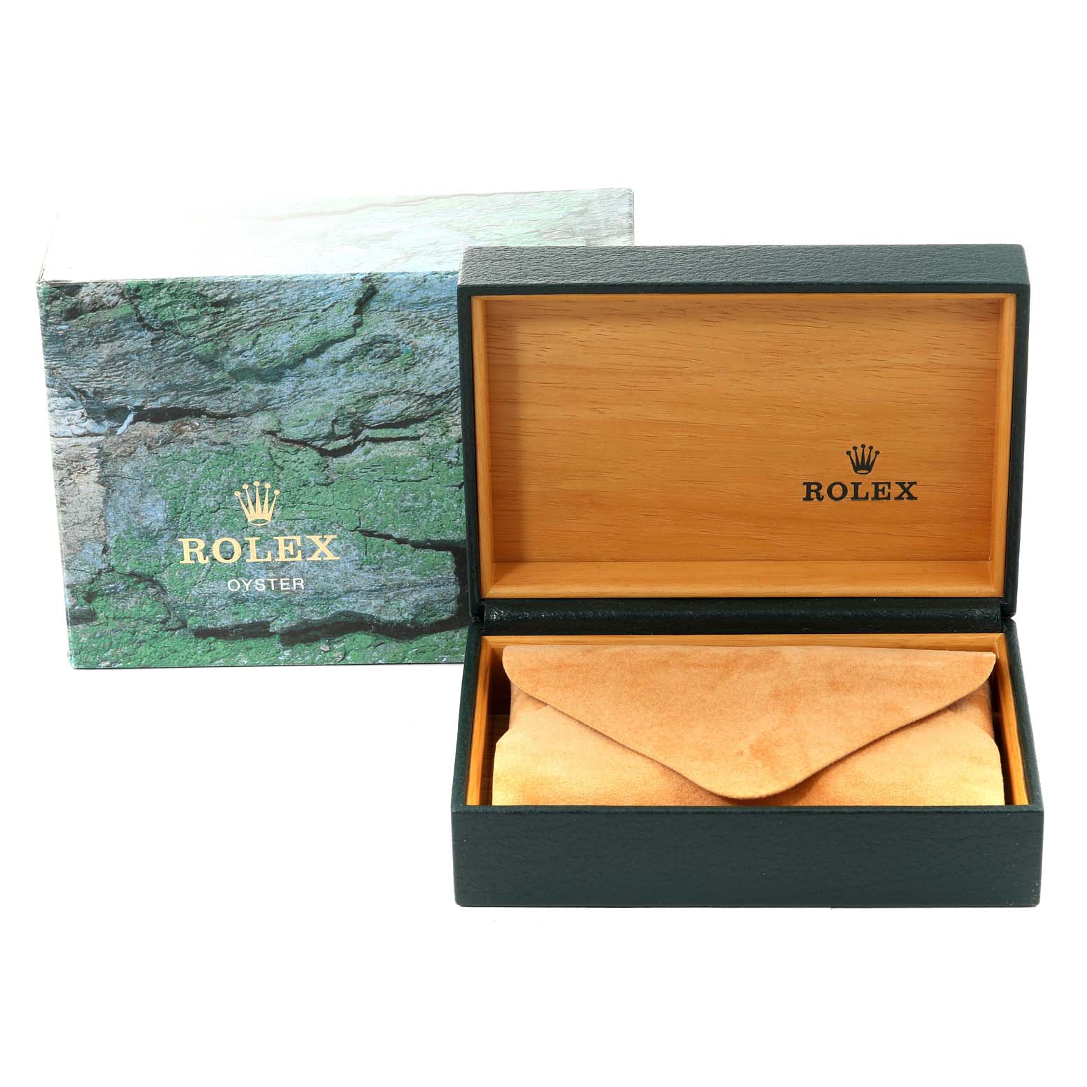 The image shows a Rolex Oyster watch box with an open wooden interior and a beige watch pouch, viewed from the front.