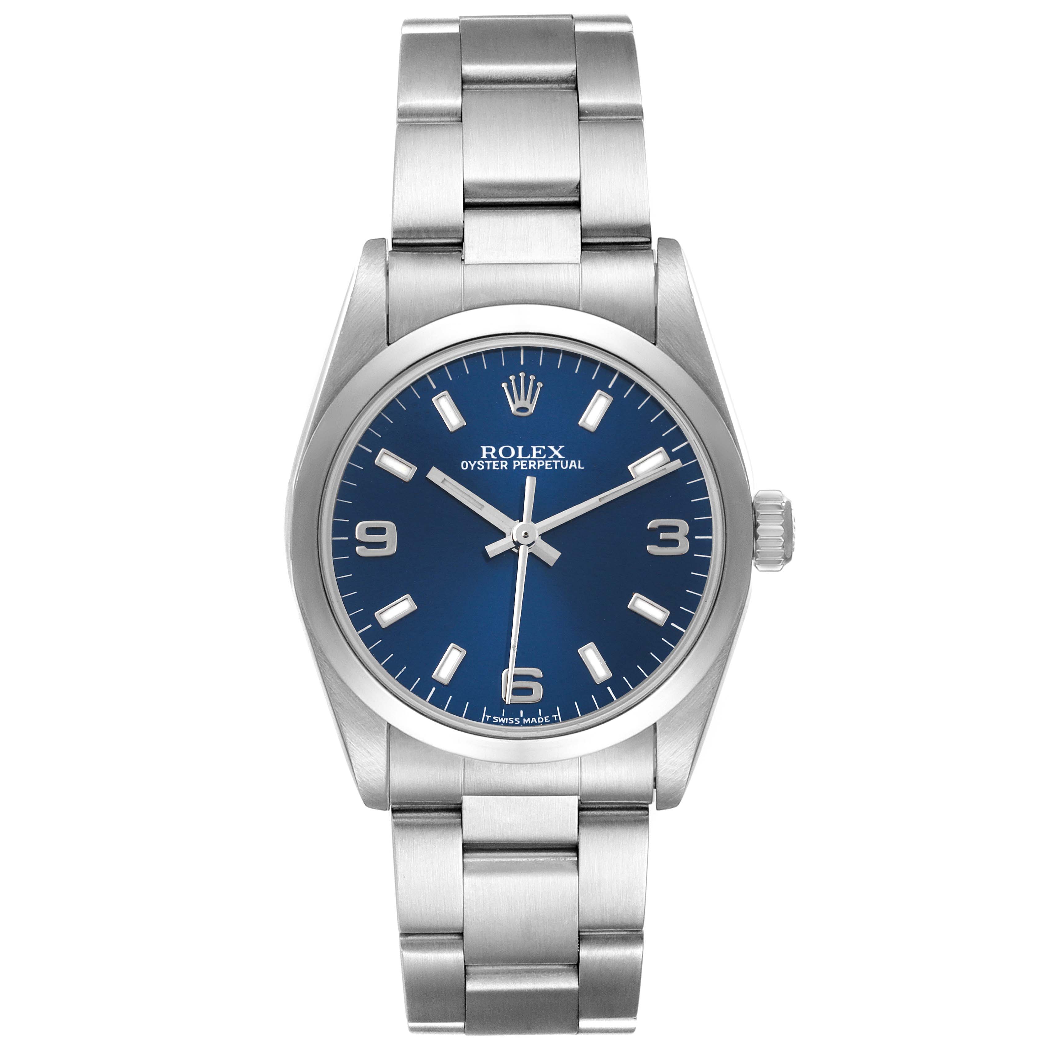 The image shows a front view of a Rolex Oyster Perpetual Mid-Size watch, displaying its dial, hands, and bracelet.