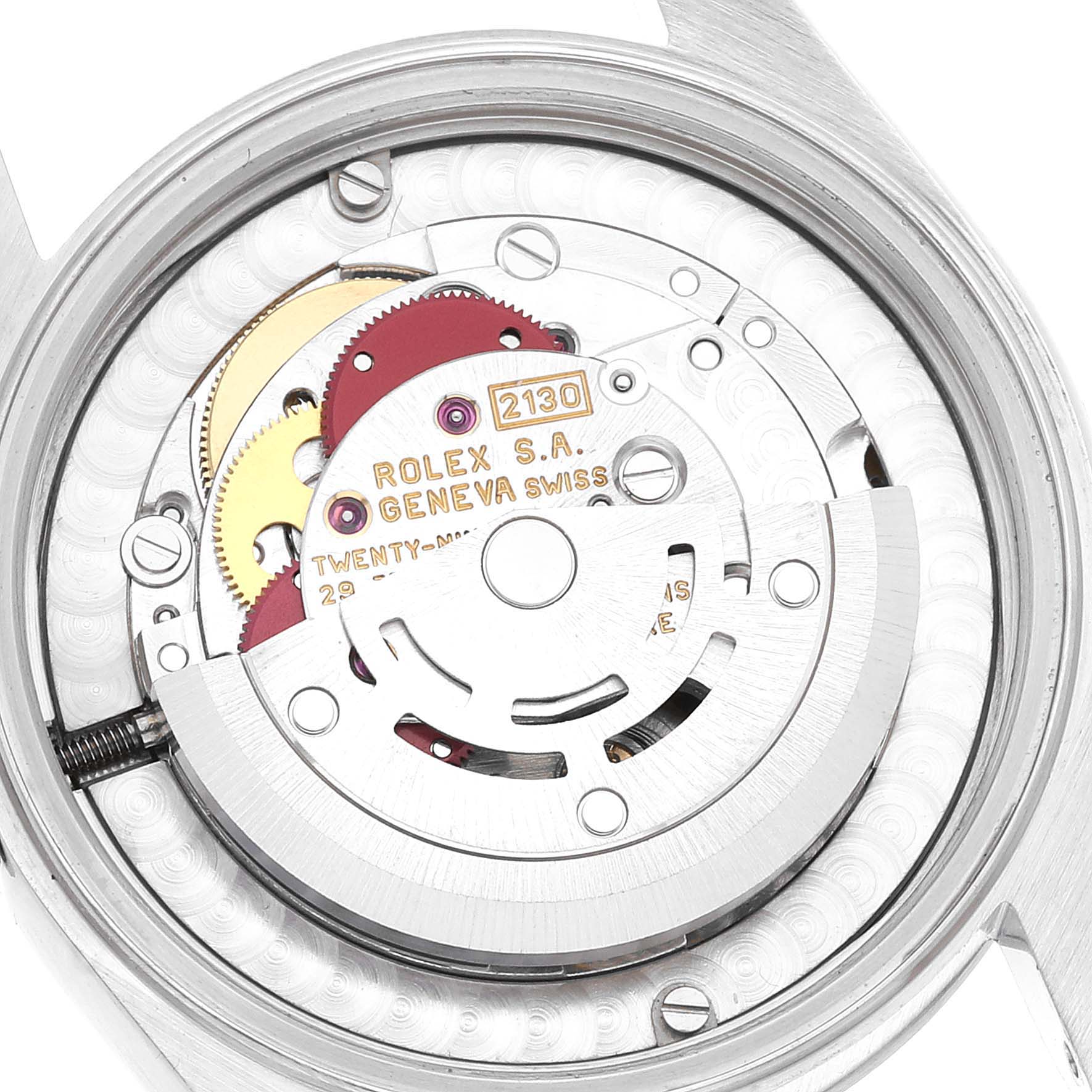 This image shows the internal mechanism of a Rolex Mid-Size 67480 Women
s Stainless Steel Blue Dial 67480 Women
s Stainless Steel Blue Dial model watch from a top-down angle.