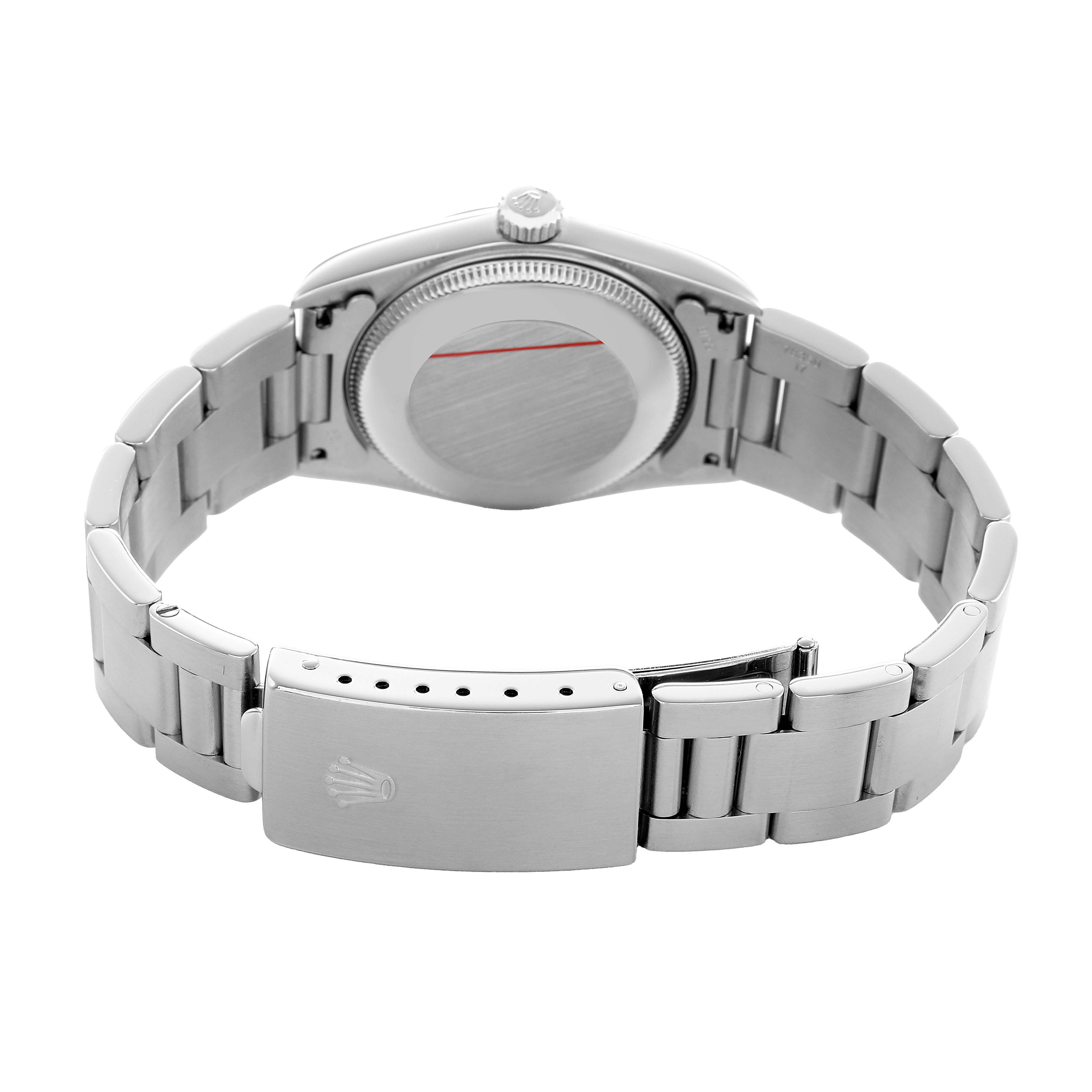 The image shows the back and clasp of a Rolex Mid-Size 77080 Women's Stainless Steel Black Dial watch from a rear angle.