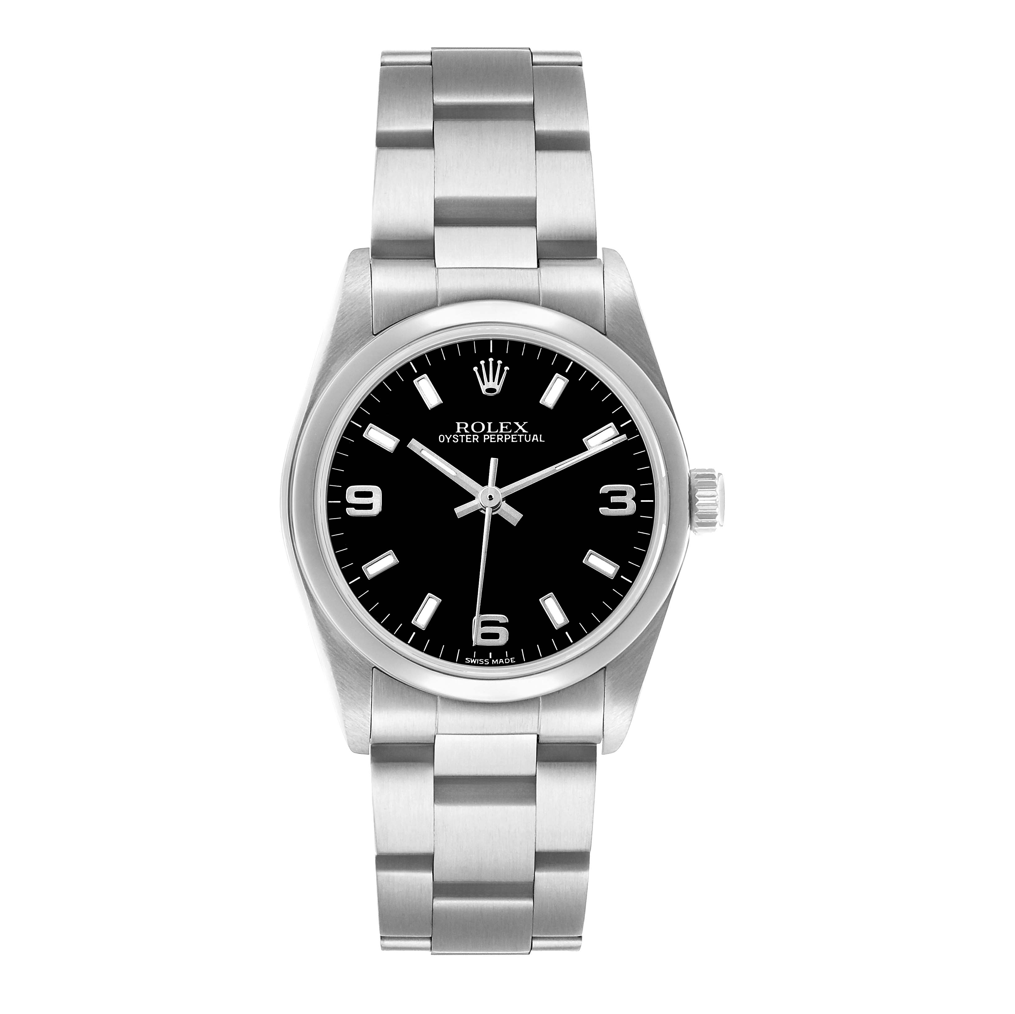 The Rolex Mid-Size 77080 Women's Stainless Steel Black Dial Oyster Perpetual watch is shown from the front, displaying its bracelet, case, and dial with silver hour markers.