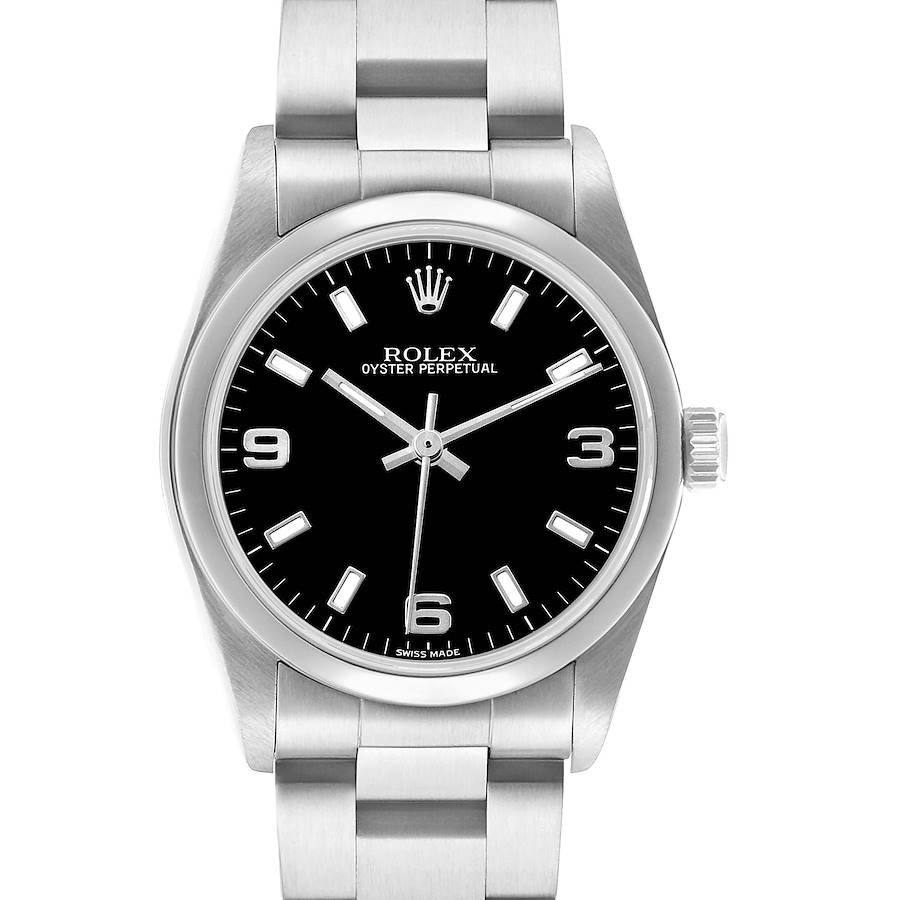 The Rolex Oyster Perpetual Mid-Size watch is shown from a front angle, displaying the dial, crown, and bracelet.