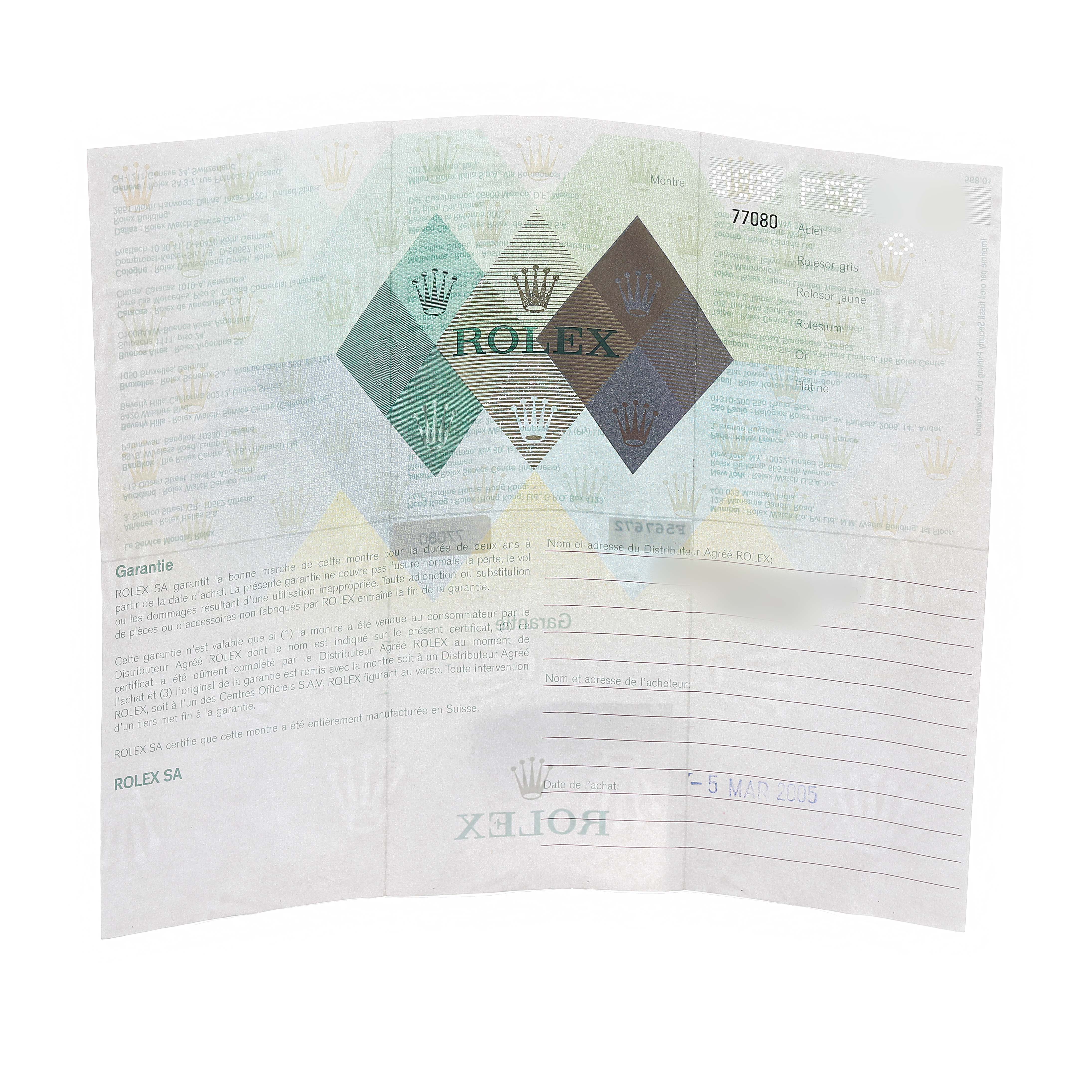 The image shows a warranty certificate for a Rolex Mid-Size 77080 Women's Stainless Steel Black Dial watch, featuring the brand's logo and text details.