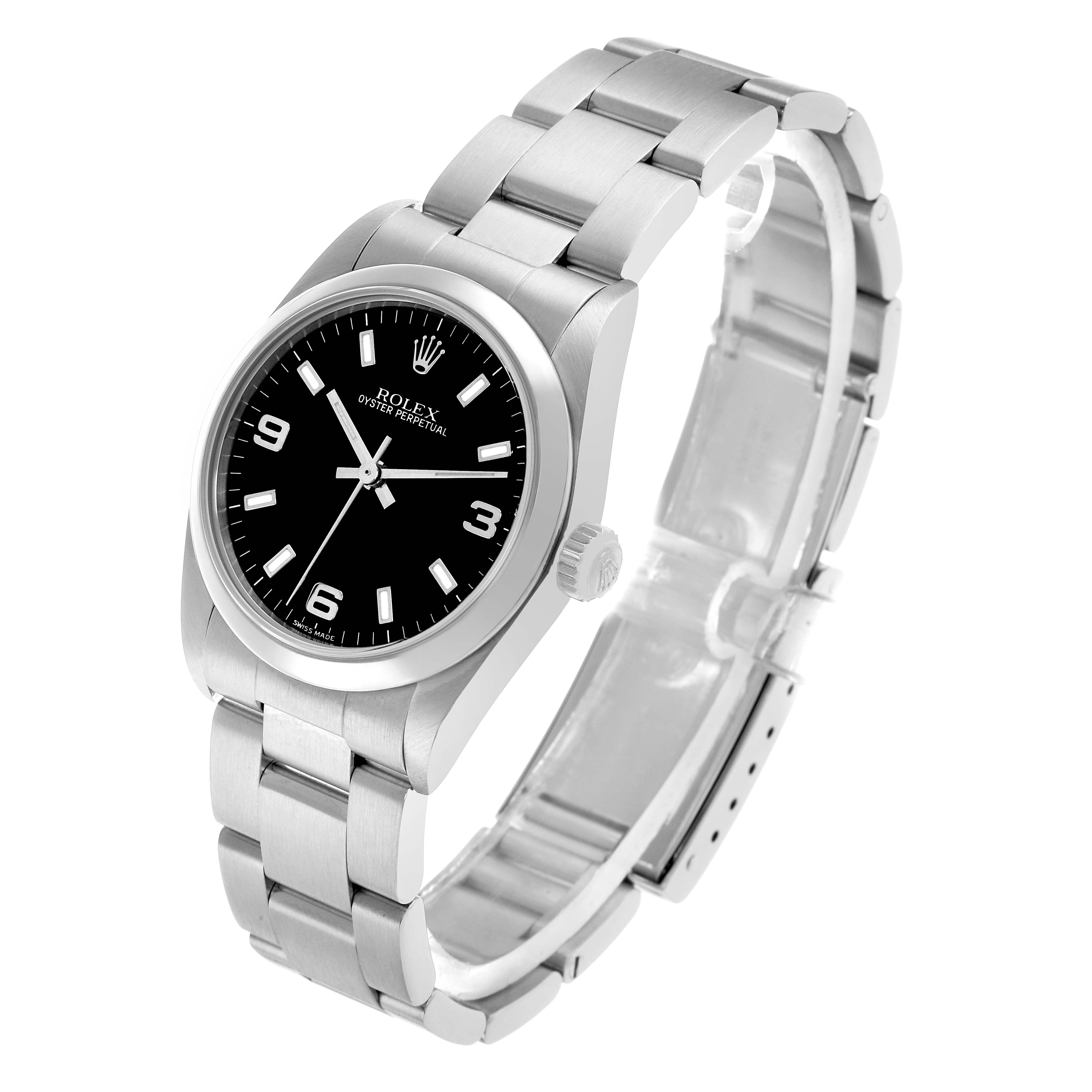 The Rolex Mid-Size 77080 Women's Stainless Steel Black Dial watch is shown at a three-quarter angle, displaying the dial, bezel, crown, and bracelet clearly.