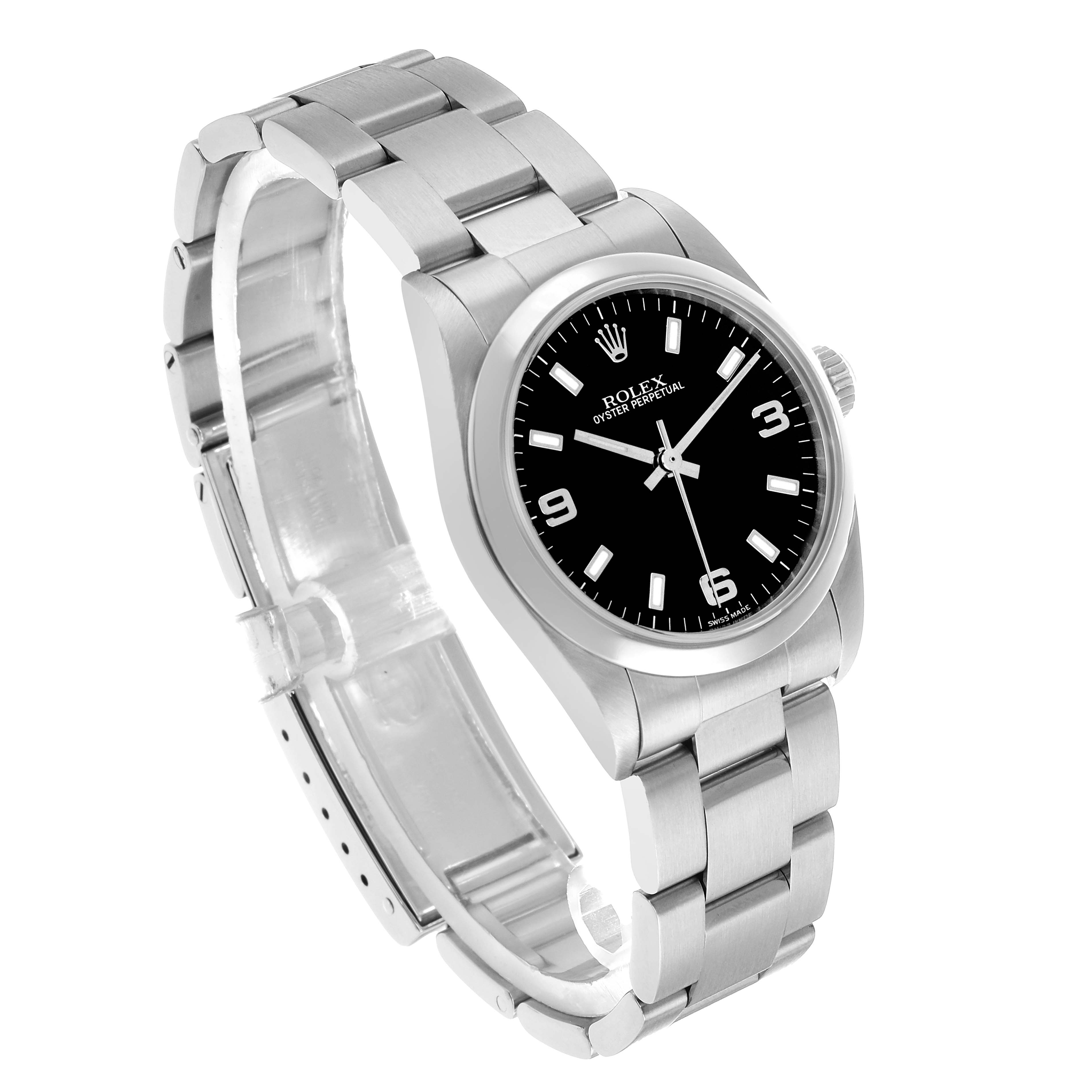 The Rolex Mid-Size 77080 Women's Stainless Steel Black Dial watch is shown at a slight angle, highlighting the bracelet, case, and black dial.