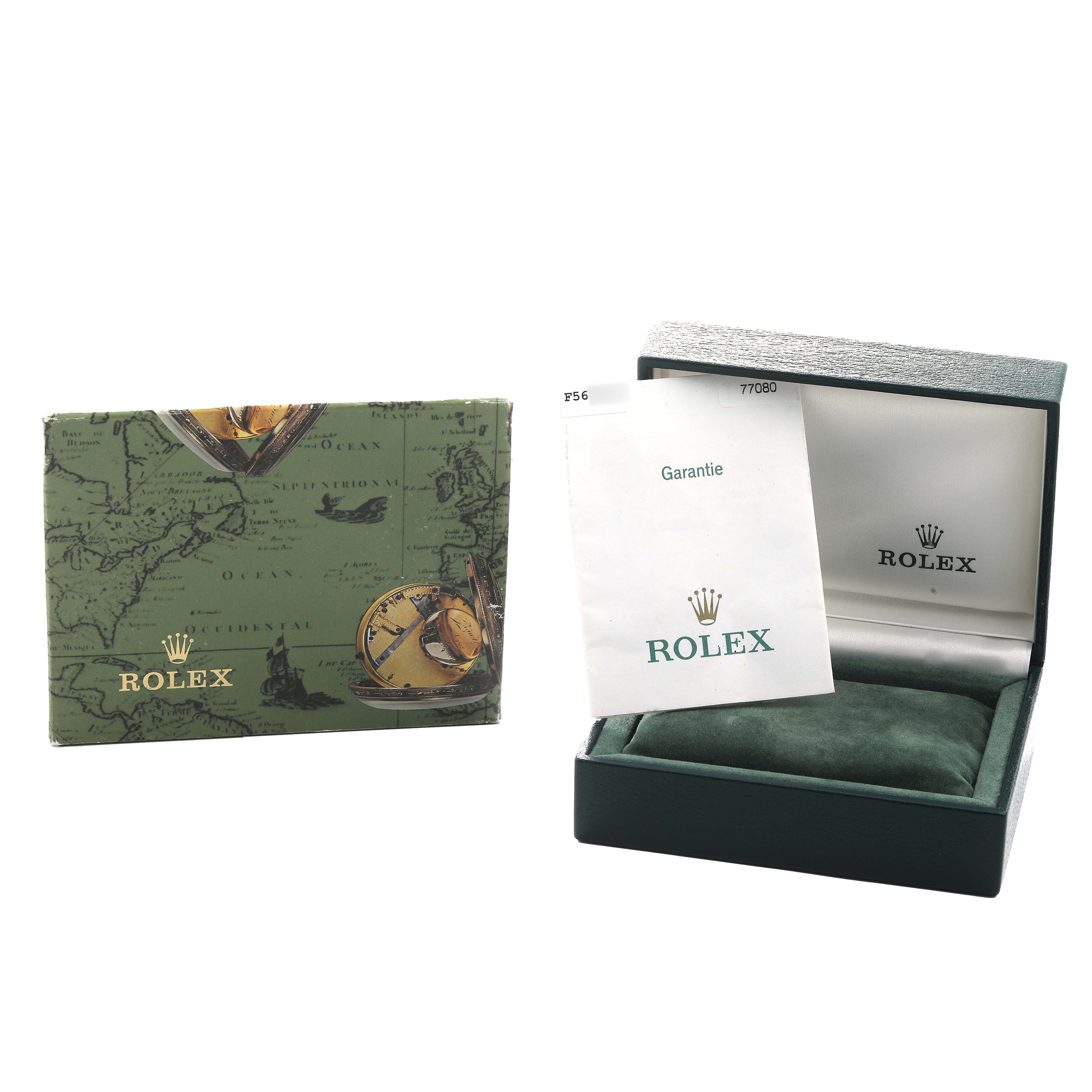 The image shows a Rolex Mid-Size 77080 Women's Stainless Steel Black Dial model's box and warranty card from a frontal angle.