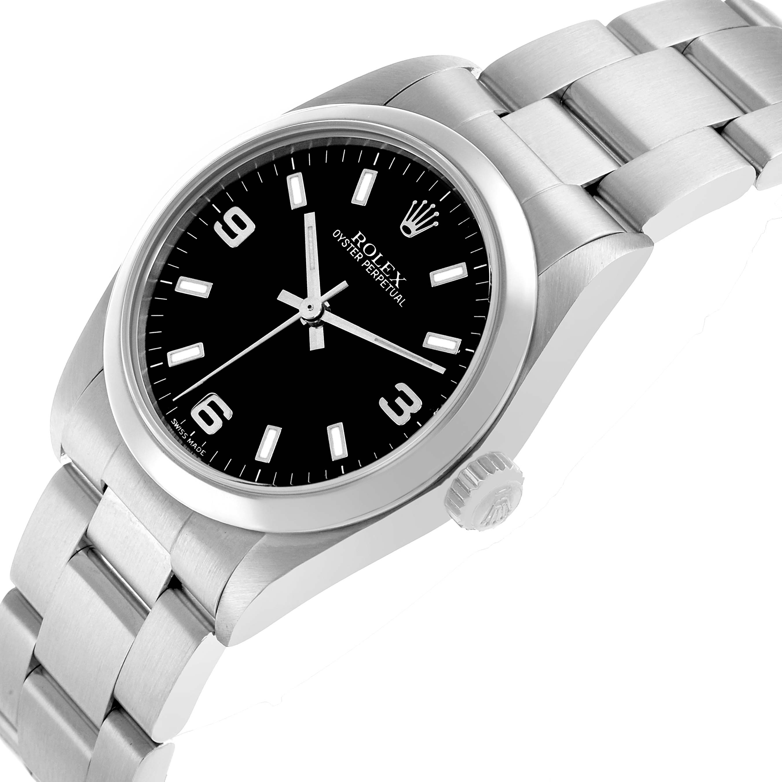 The Rolex Mid-Size 77080 Women's Stainless Steel Black Dial watch is shown at an angled view, displaying the dial, case, bezel, and part of the bracelet.