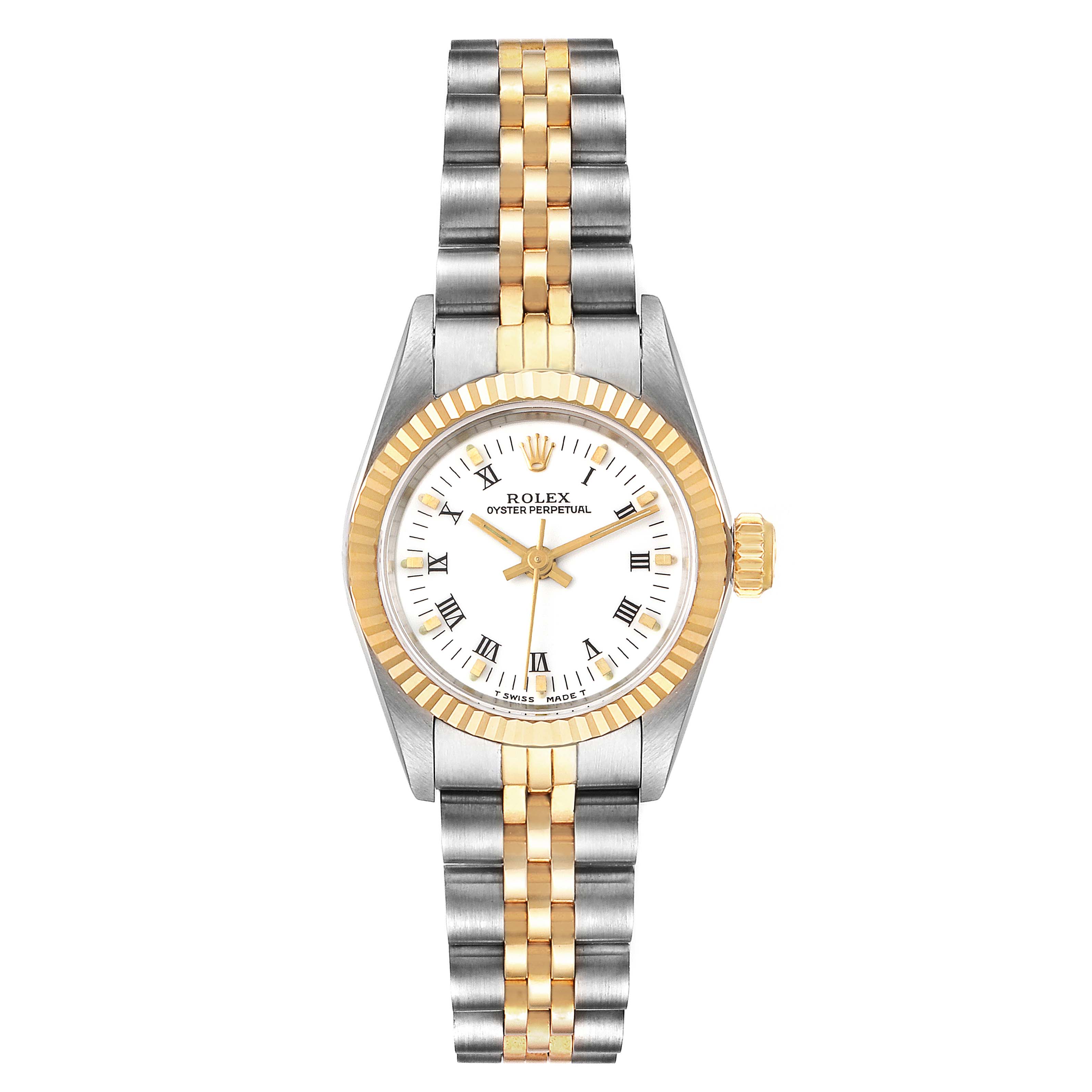 The image shows a Rolex Oyster Perpetual 67193 Women's Steel and Gold (two tone) White Dial 67193 Women's Steel and Gold (two tone) White Dial watch from the front, featuring its dial, bezel, and two-tone metal bracelet.