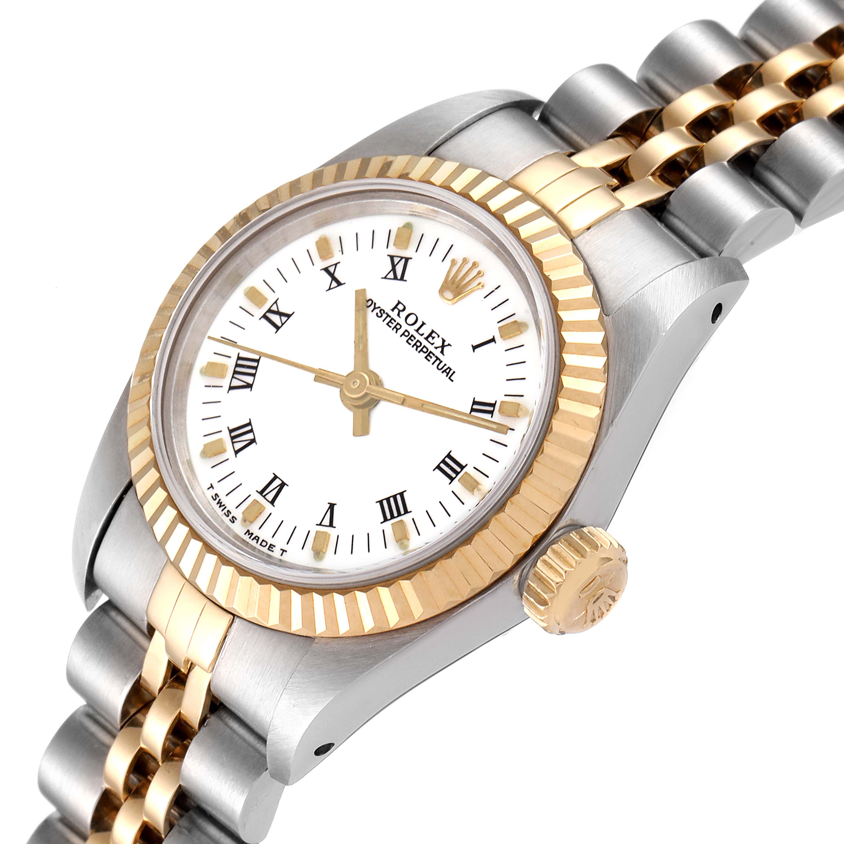 This image shows a close-up angled view of a Rolex Oyster Perpetual 67193 Women's Steel and Gold (two tone) White Dial 67193 Women's Steel and Gold (two tone) White Dial watch, highlighting the face, bezel, and bracelet.