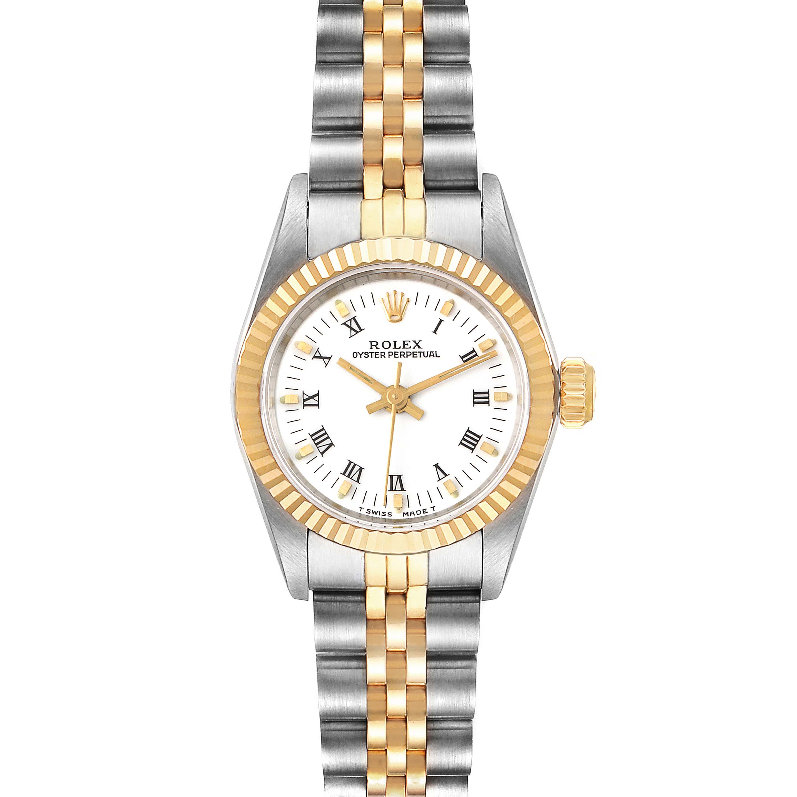 The Rolex Oyster Perpetual 67193 Women's Steel and Gold (two tone) White Dial 67193 Women's Steel and Gold (two tone) White Dial watch is shown from a front view, displaying its face, bezel, and two-tone bracelet.