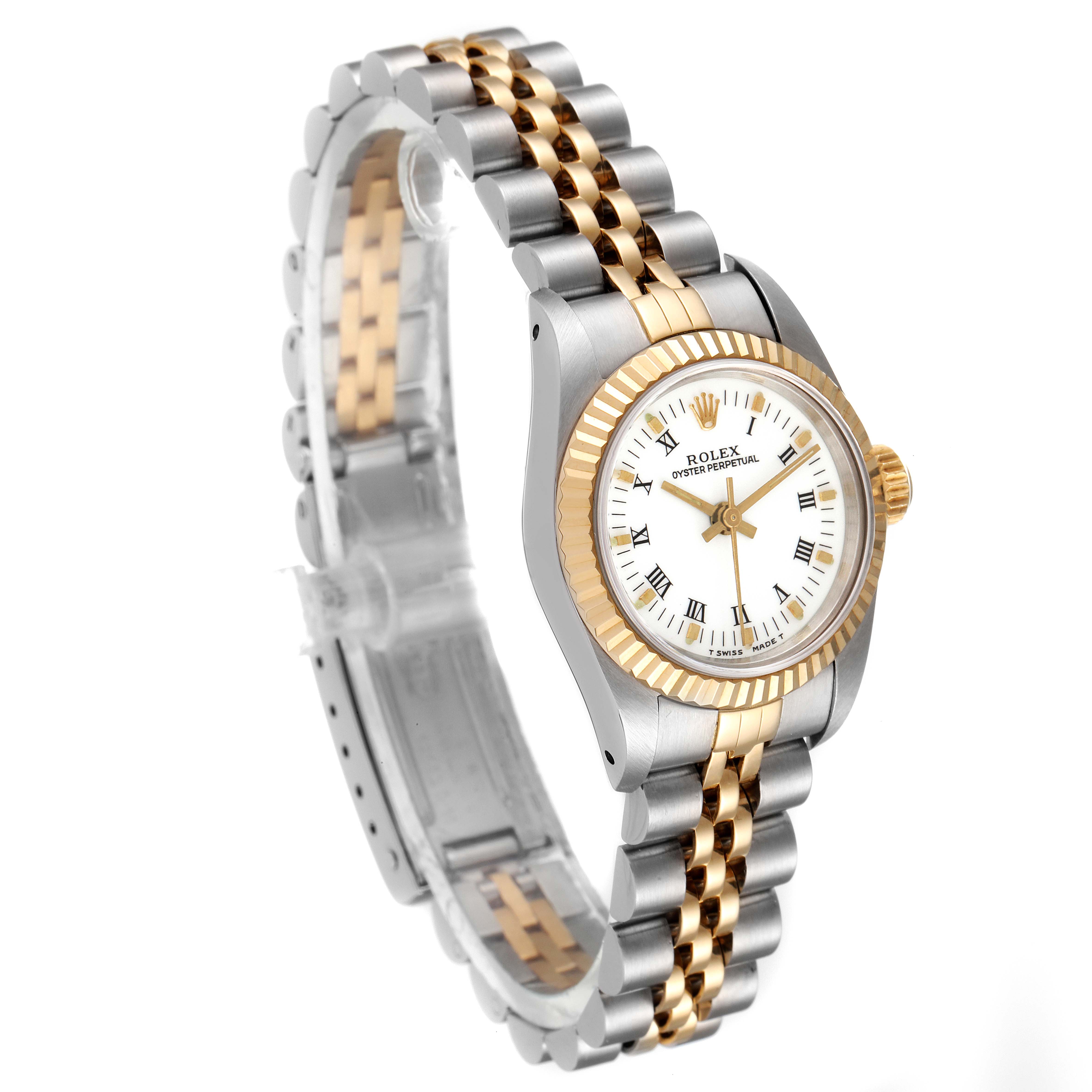 The image shows a Rolex Oyster Perpetual 67193 Women's Steel and Gold (two tone) White Dial 67193 Women's Steel and Gold (two tone) White Dial watch angled to display the face and band, highlighting its gold and silver details.