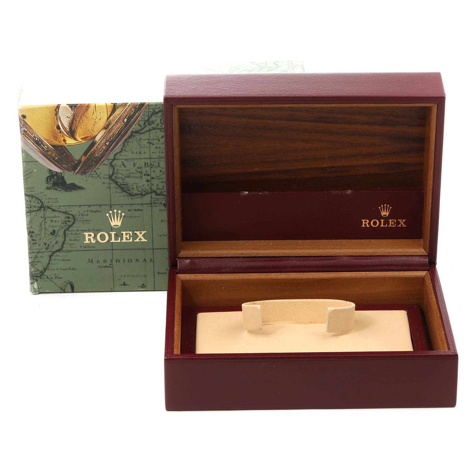 The image shows an open Rolex President 68278 Women
s Yellow Gold Champagne Dial 68278 Women
s Yellow Gold Champagne Dial model watch box, with the box and interior padding visible.