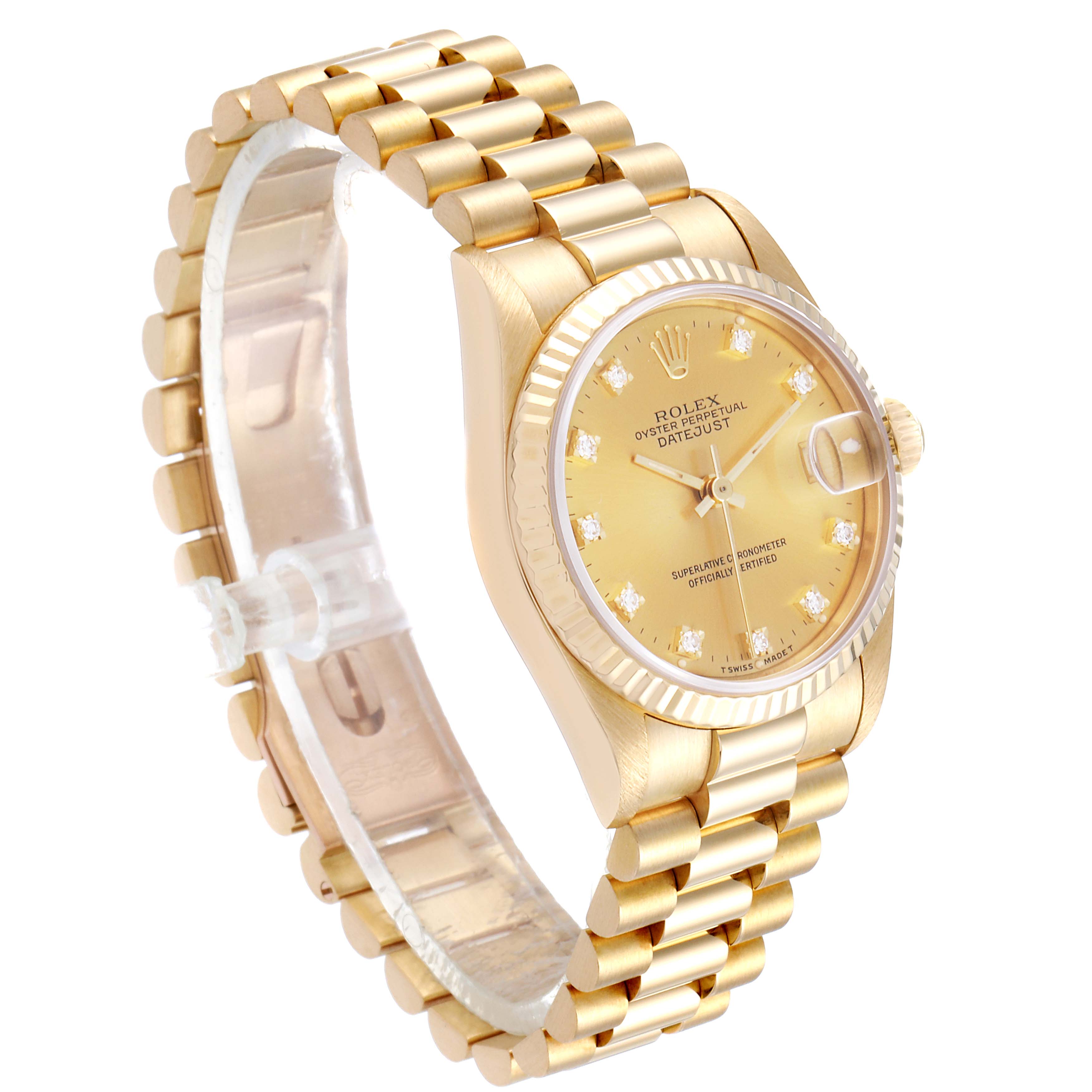 This image shows a side angle of a Rolex President 68278 Women
s Yellow Gold Champagne Dial 68278 Women
s Yellow Gold Champagne Dial model watch, highlighting its gold bracelet, dial, and fluted bezel.