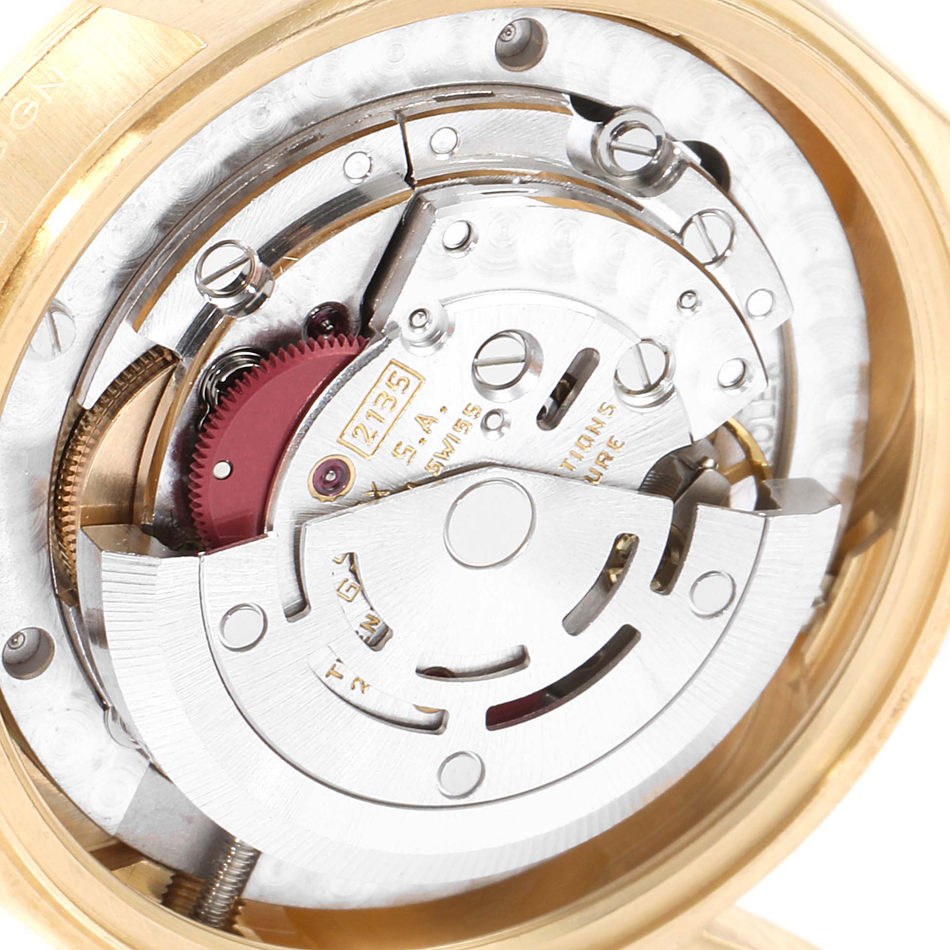 This image shows a close-up view of the movement mechanism of a Rolex President 68278 Women
s Yellow Gold Champagne Dial 68278 Women
s Yellow Gold Champagne Dial model watch.