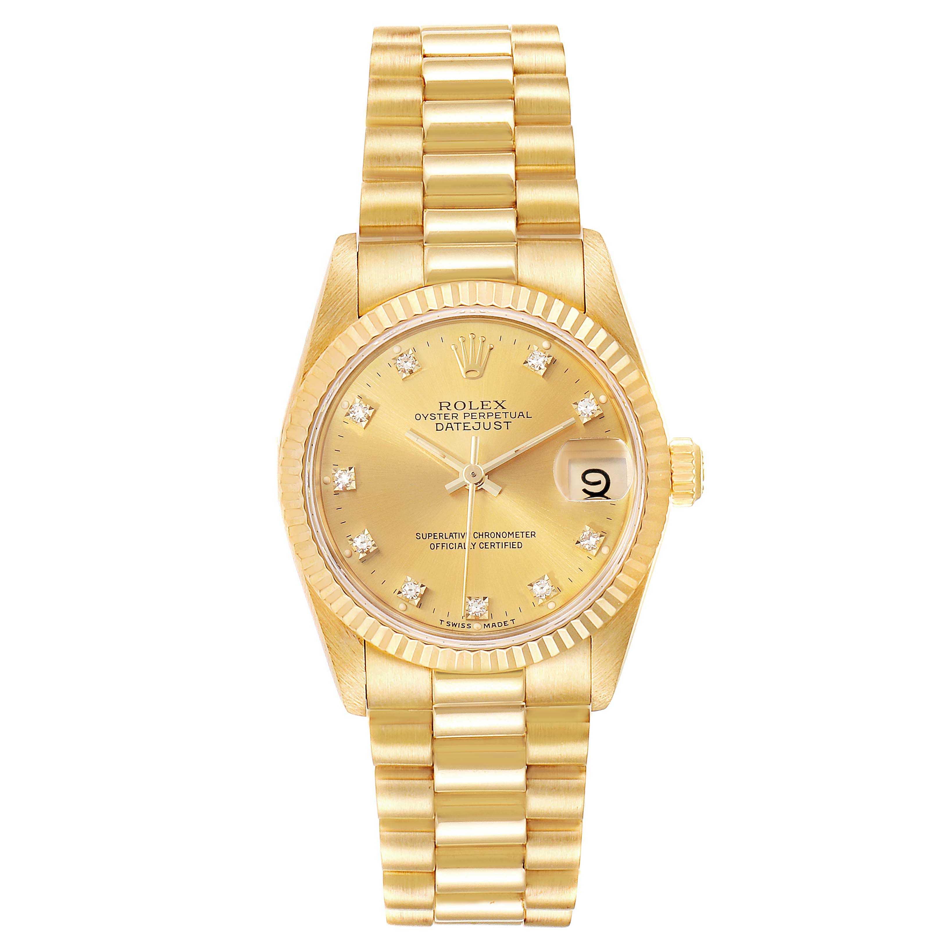 The image shows a frontal view of the Rolex President 68278 Women
s Yellow Gold Champagne Dial 68278 Women
s Yellow Gold Champagne Dial model watch, displaying the face, bezel, and bracelet.