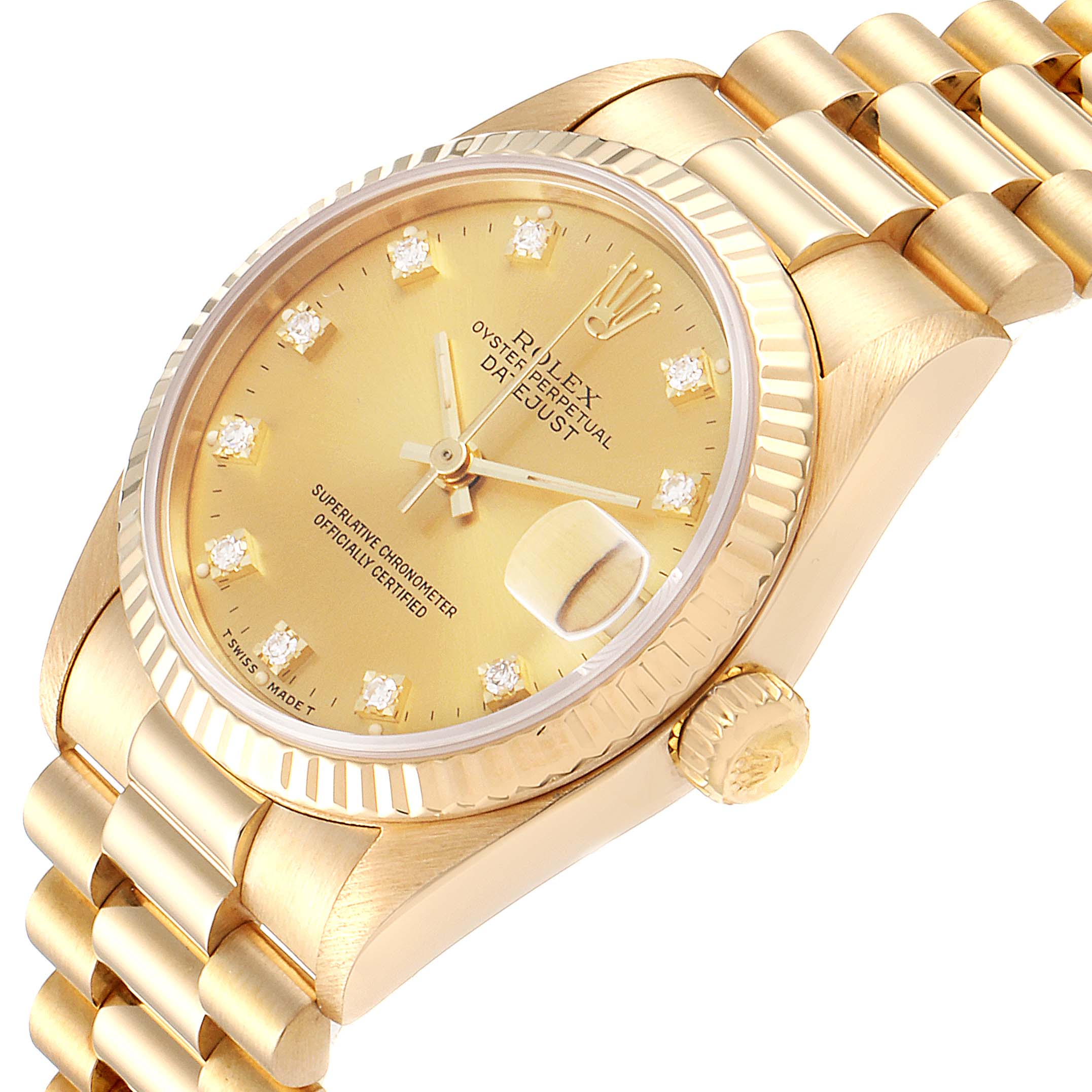 The image shows a close-up angled view of the Rolex President 68278 Women
s Yellow Gold Champagne Dial 68278 Women
s Yellow Gold Champagne Dial watch, displaying the dial, crown, and the bracelet.