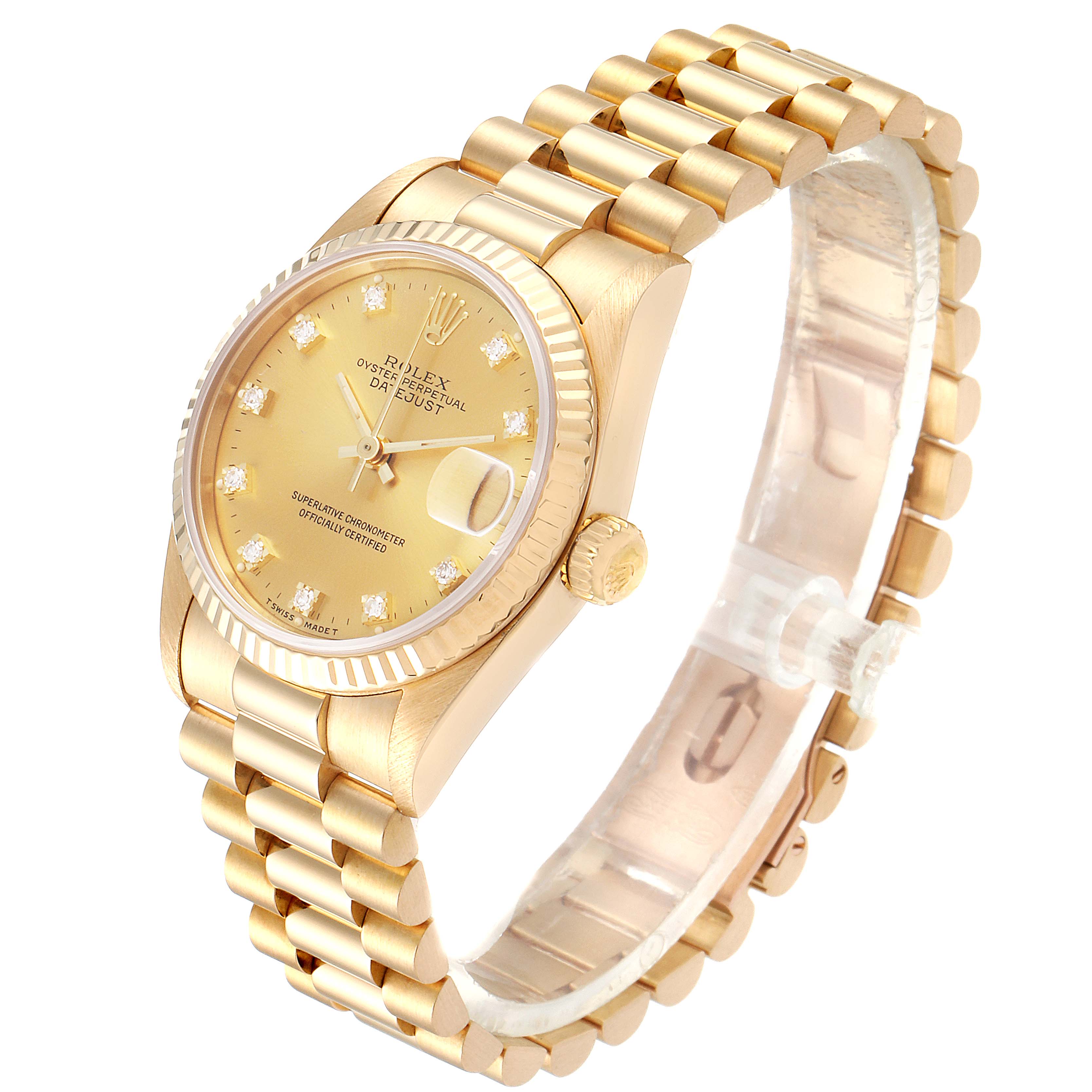 The image shows the Rolex President 68278 Women
s Yellow Gold Champagne Dial 68278 Women
s Yellow Gold Champagne Dial model watch at a slight angle, displaying its gold case, bracelet, and diamond-studded dial.