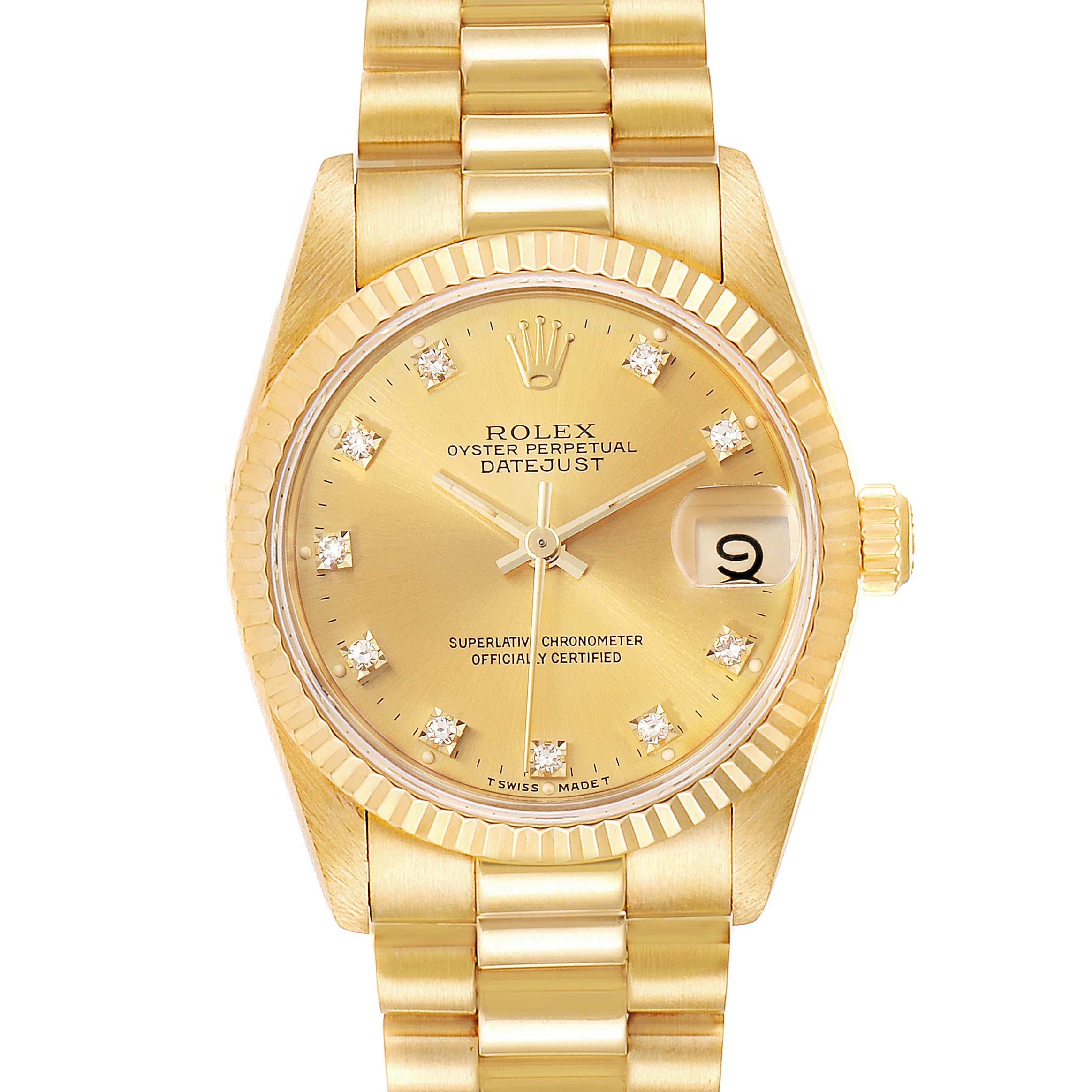 The image shows a front view of the Rolex President 68278 Women
s Yellow Gold Champagne Dial 68278 Women
s Yellow Gold Champagne Dial model watch, featuring its gold dial, fluted bezel, and diamond hour markers.