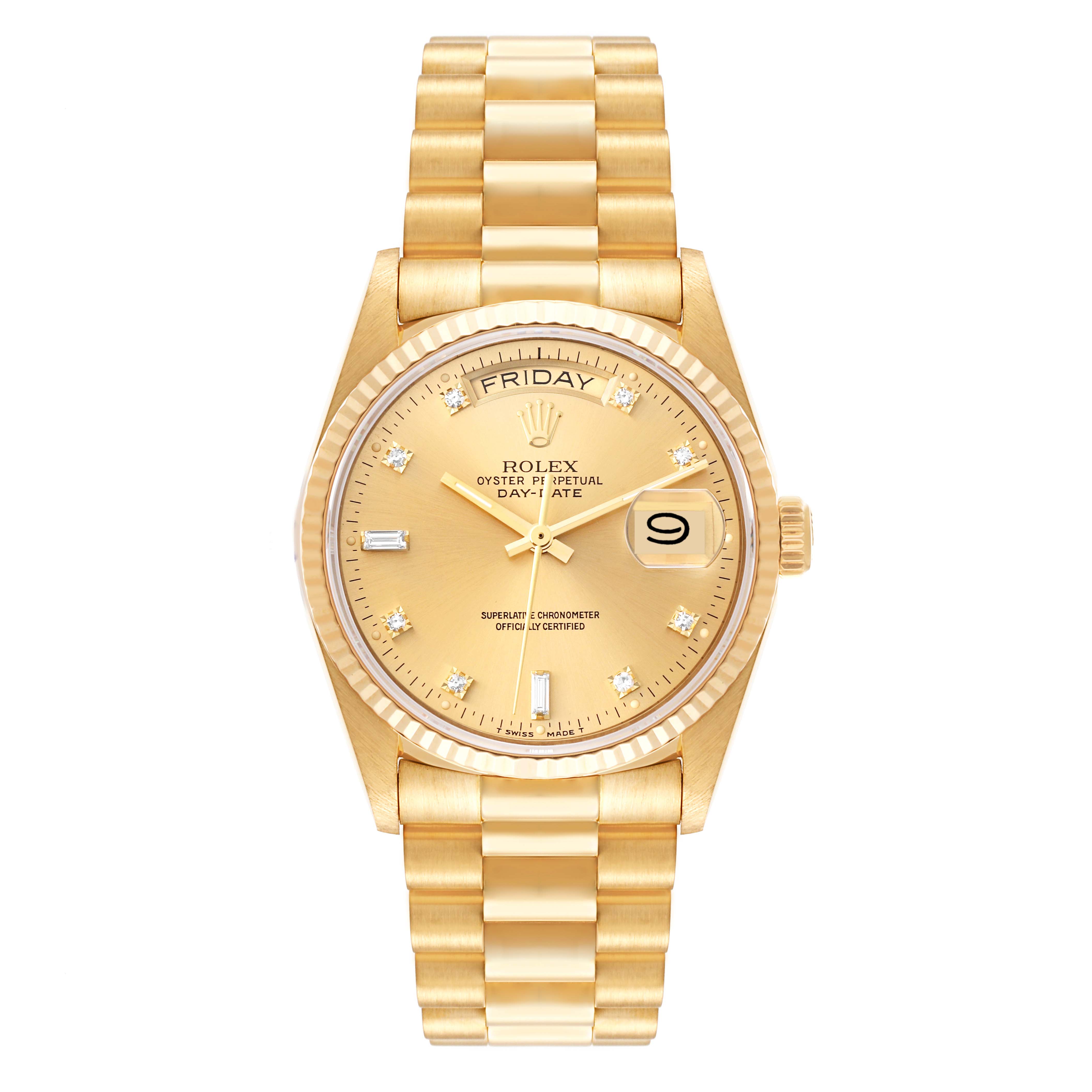 The image shows a front view of the Rolex President 18038A Men
s Yellow Gold Champagne Dial 18038A Men
s Yellow Gold Champagne Dial model watch, displaying the dial, hands, date window, and bracelet.