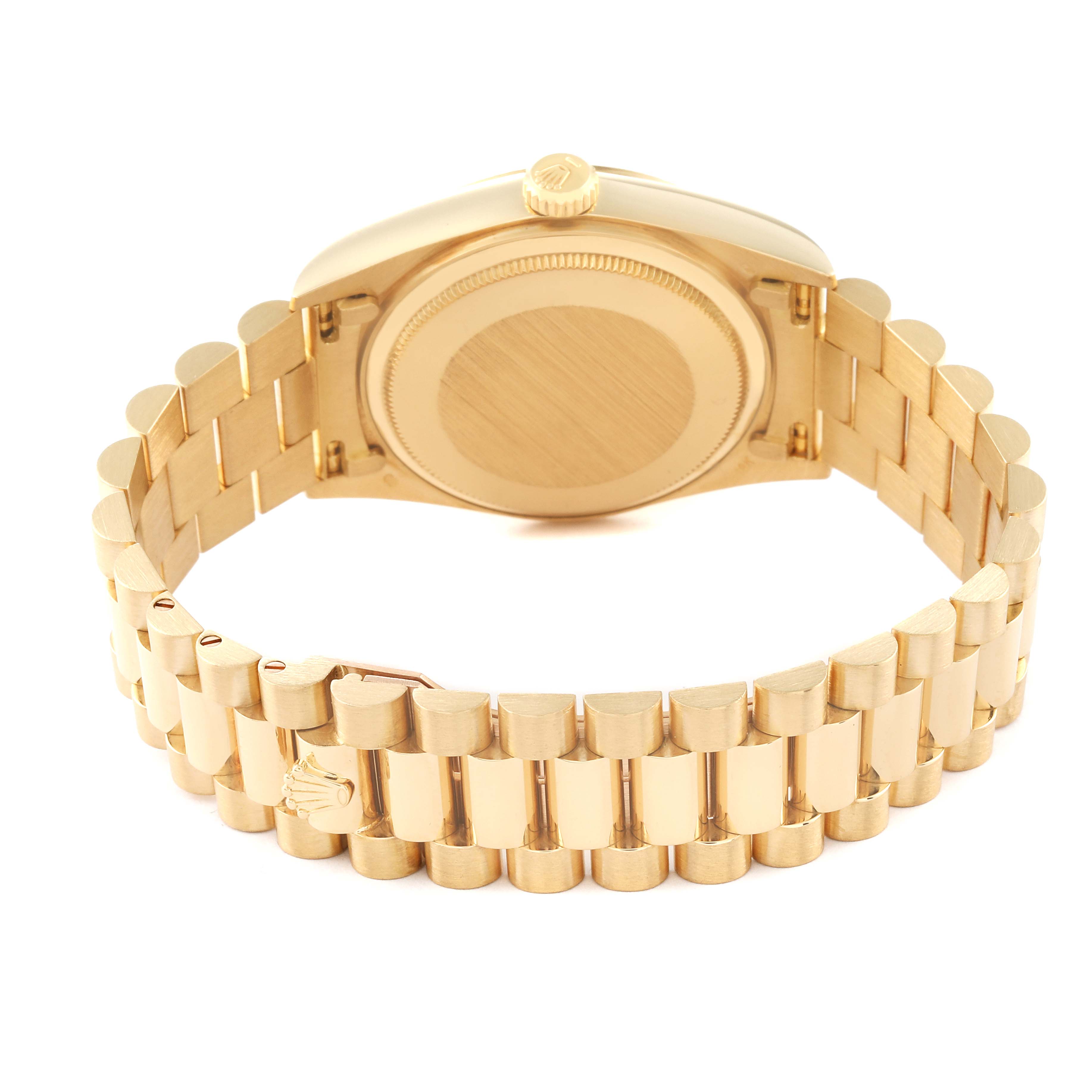 The image shows the back view and bracelet of a Rolex President 18038A Men
s Yellow Gold Champagne Dial 18038A Men
s Yellow Gold Champagne Dial model watch.