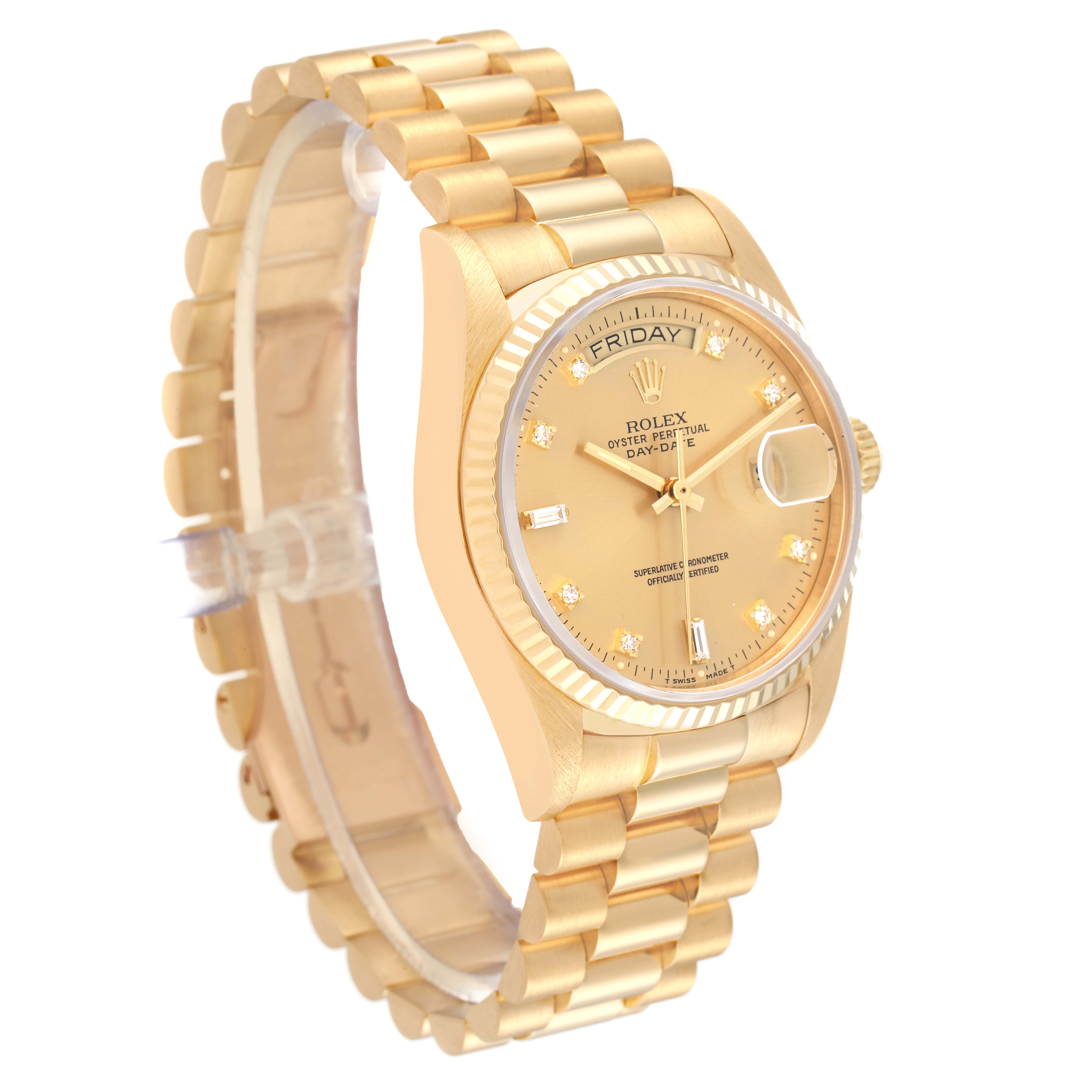 The image shows a side-front angle of a Rolex President 18038A Men
s Yellow Gold Champagne Dial 18038A Men
s Yellow Gold Champagne Dial model watch, highlighting its gold bracelet, dial, and case.