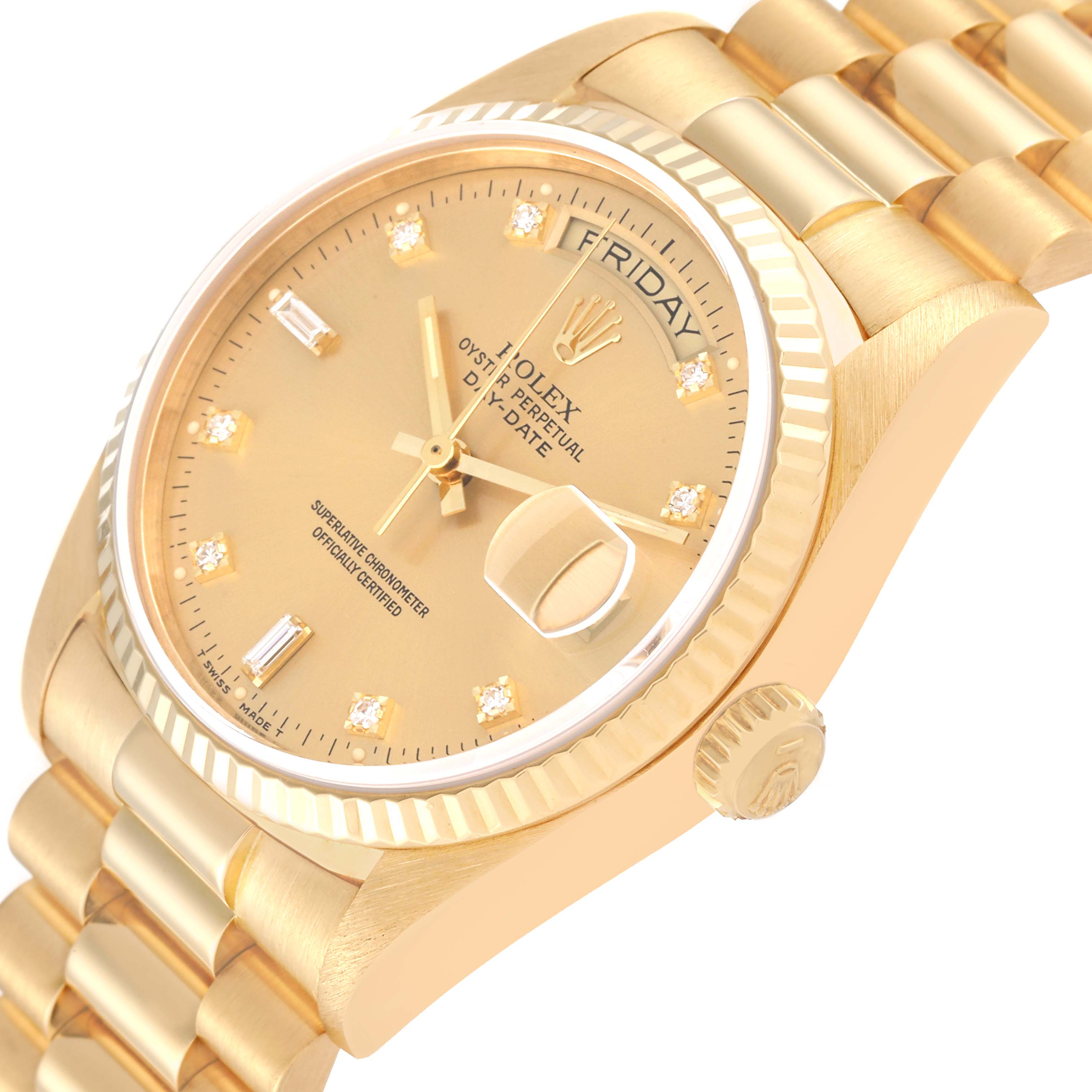The Rolex President 18038A Men
s Yellow Gold Champagne Dial 18038A Men
s Yellow Gold Champagne Dial watch is shown at an angled close-up, highlighting the dial, bracelet, bezel, and crown.