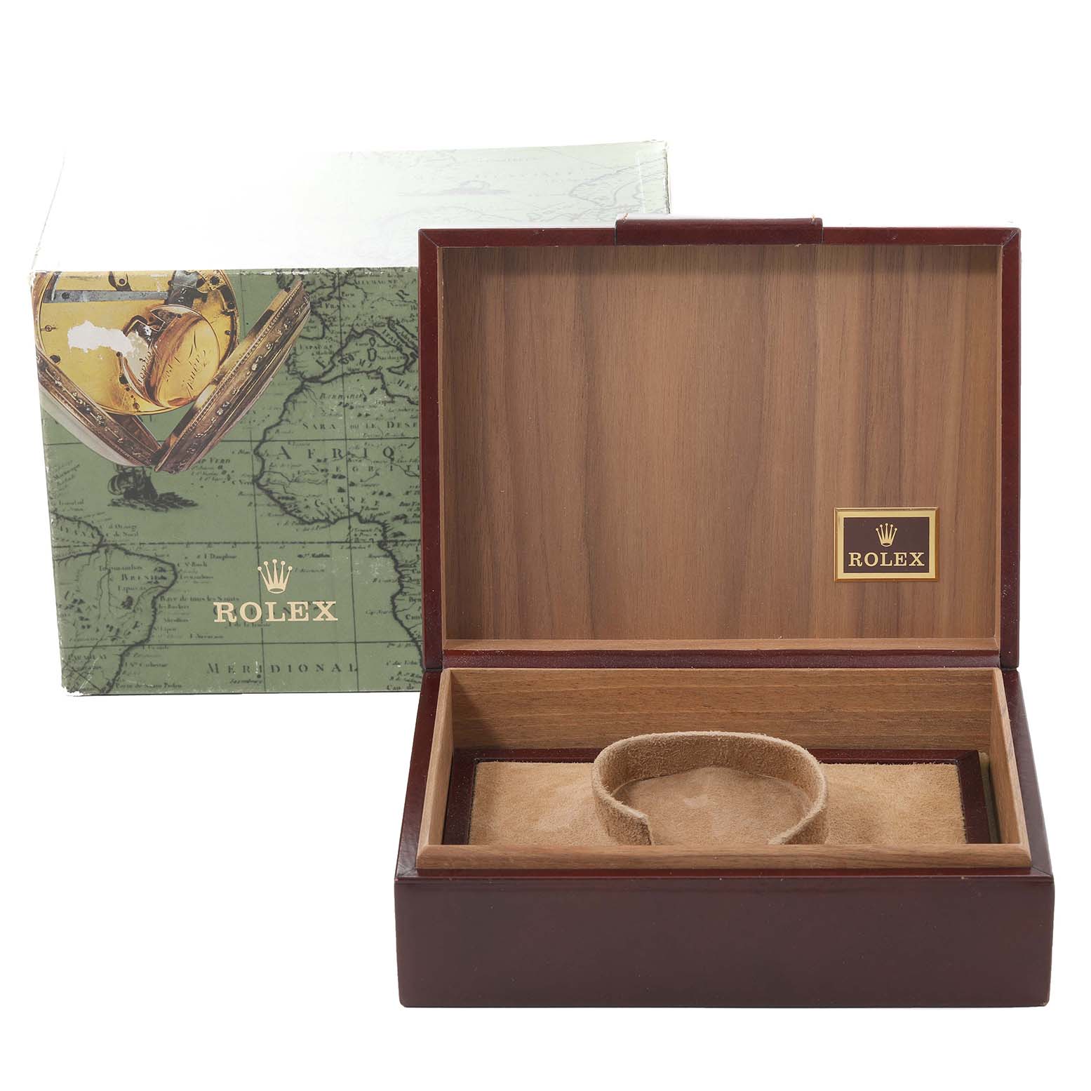 This image shows an open Rolex President 18038A Men
s Yellow Gold Champagne Dial 18038A Men
s Yellow Gold Champagne Dial watch box with a cushion, alongside its outer packaging.