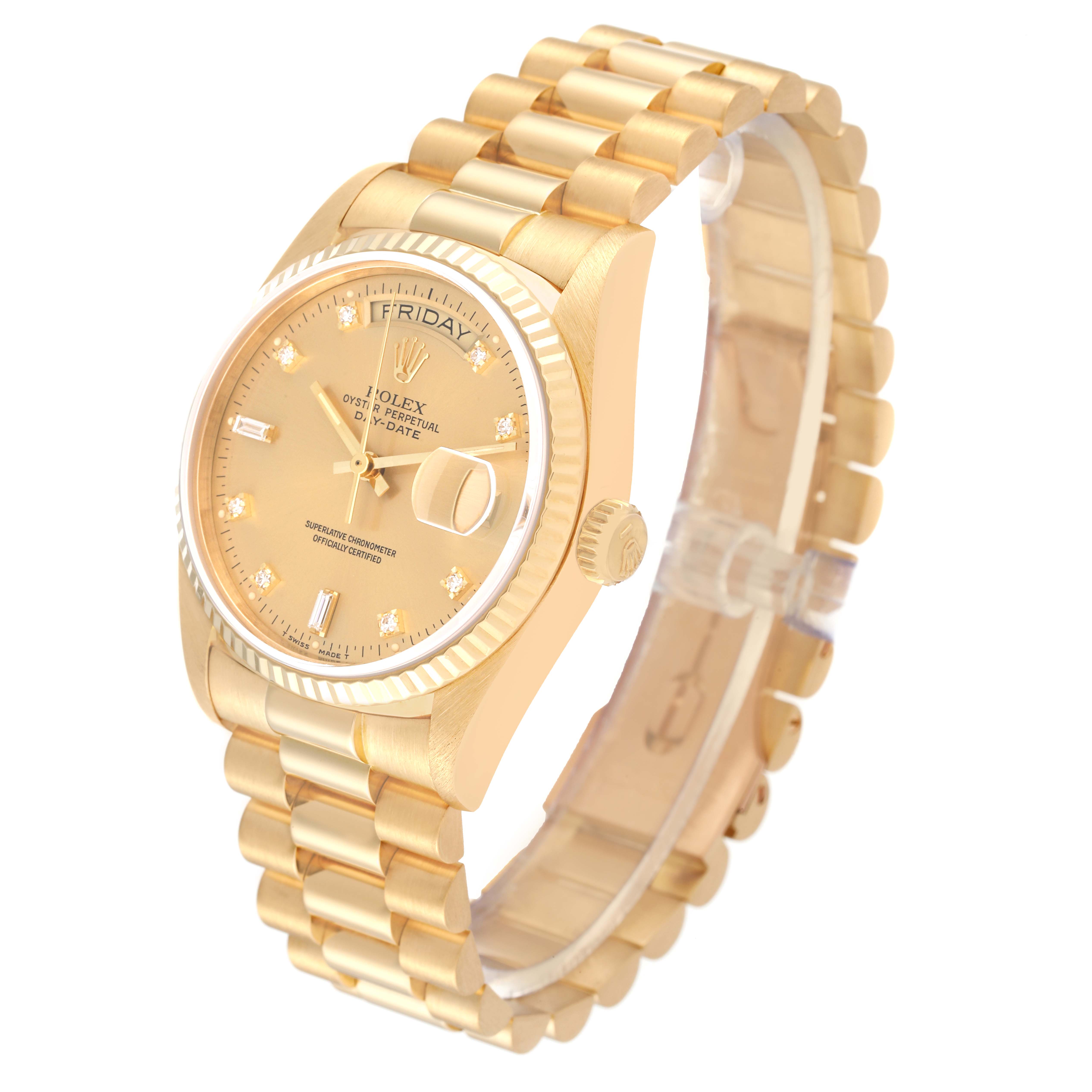 The Rolex President 18038A Men
s Yellow Gold Champagne Dial 18038A Men
s Yellow Gold Champagne Dial model watch is shown at a front angle, highlighting its gold case, bracelet, dial, and fluted bezel.