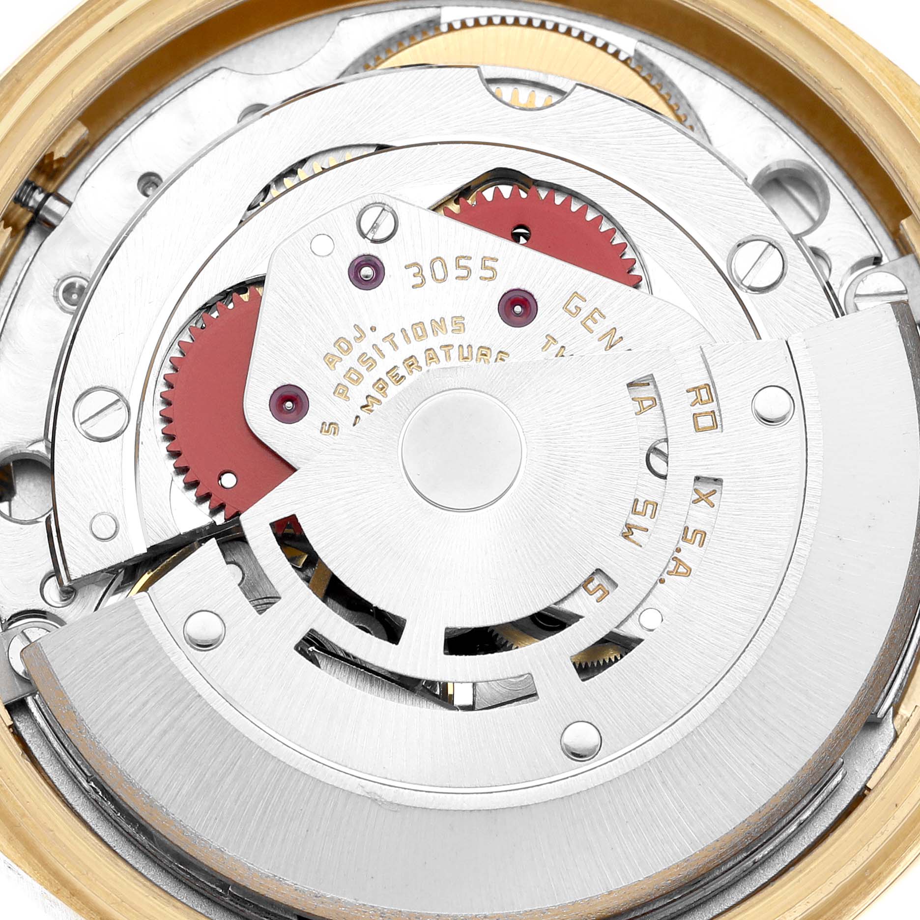 The image shows the internal movement components of a Rolex President 18038A Men
s Yellow Gold Champagne Dial 18038A Men
s Yellow Gold Champagne Dial model watch from a top-down angle.