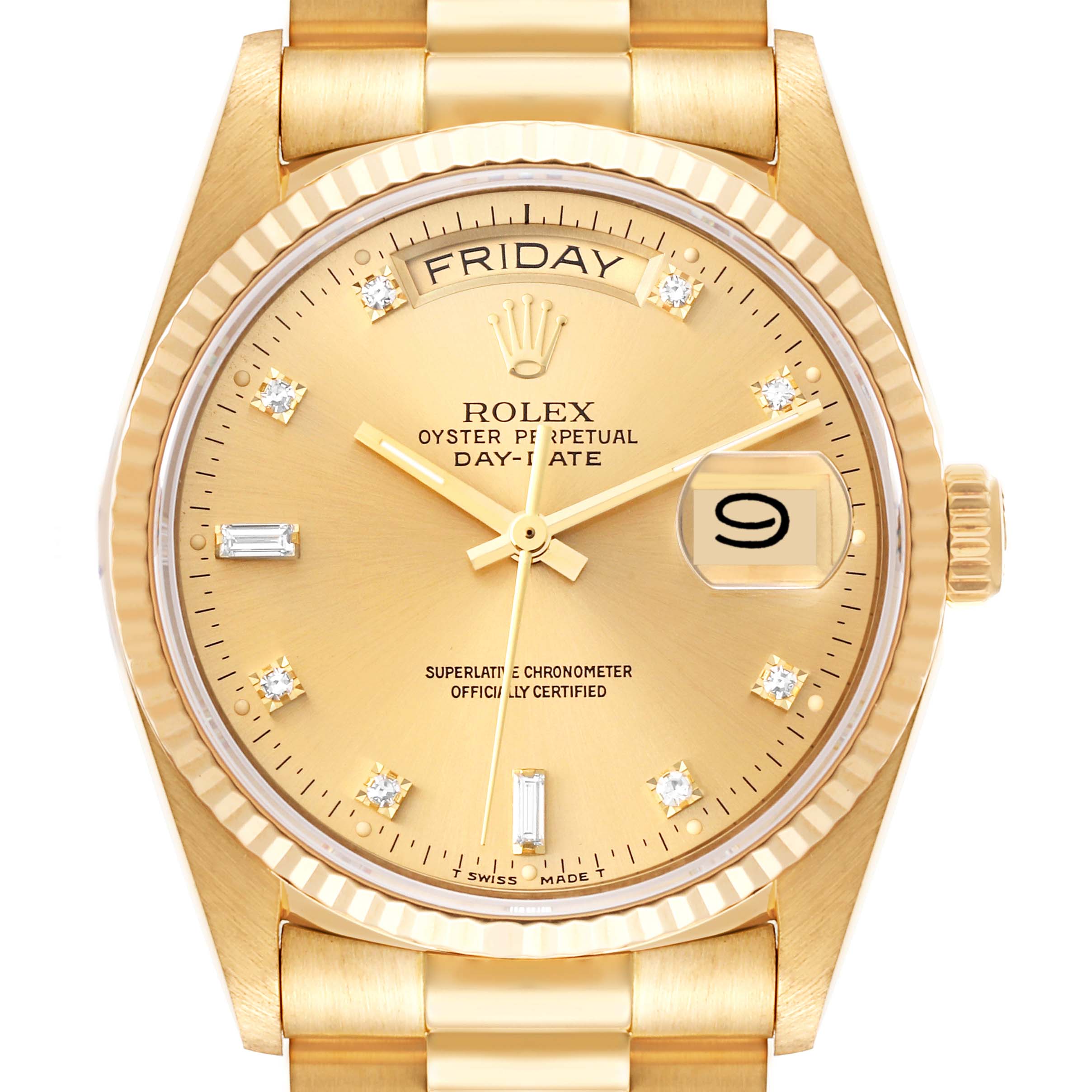 This image shows a front view of a Rolex President 18038A Men
s Yellow Gold Champagne Dial 18038A Men
s Yellow Gold Champagne Dial model watch, highlighting its dial, day/date windows, and bracelet.