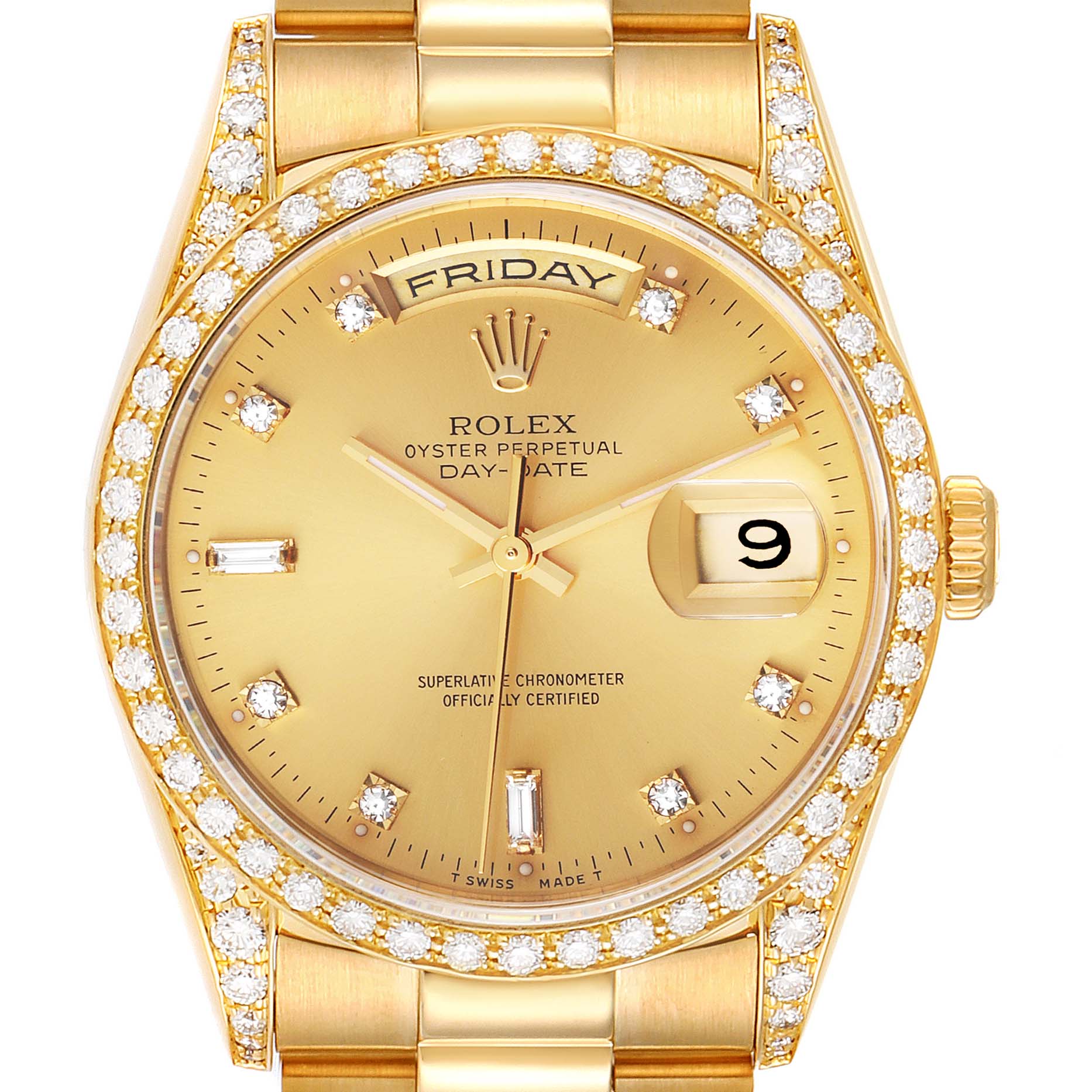 This is a close-up of the Rolex President 18388 Men's Yellow Gold Champagne Dial 18388 Men's Yellow Gold Champagne Dial Day-Date watch, showing its face, bezel, and part of the bracelet.