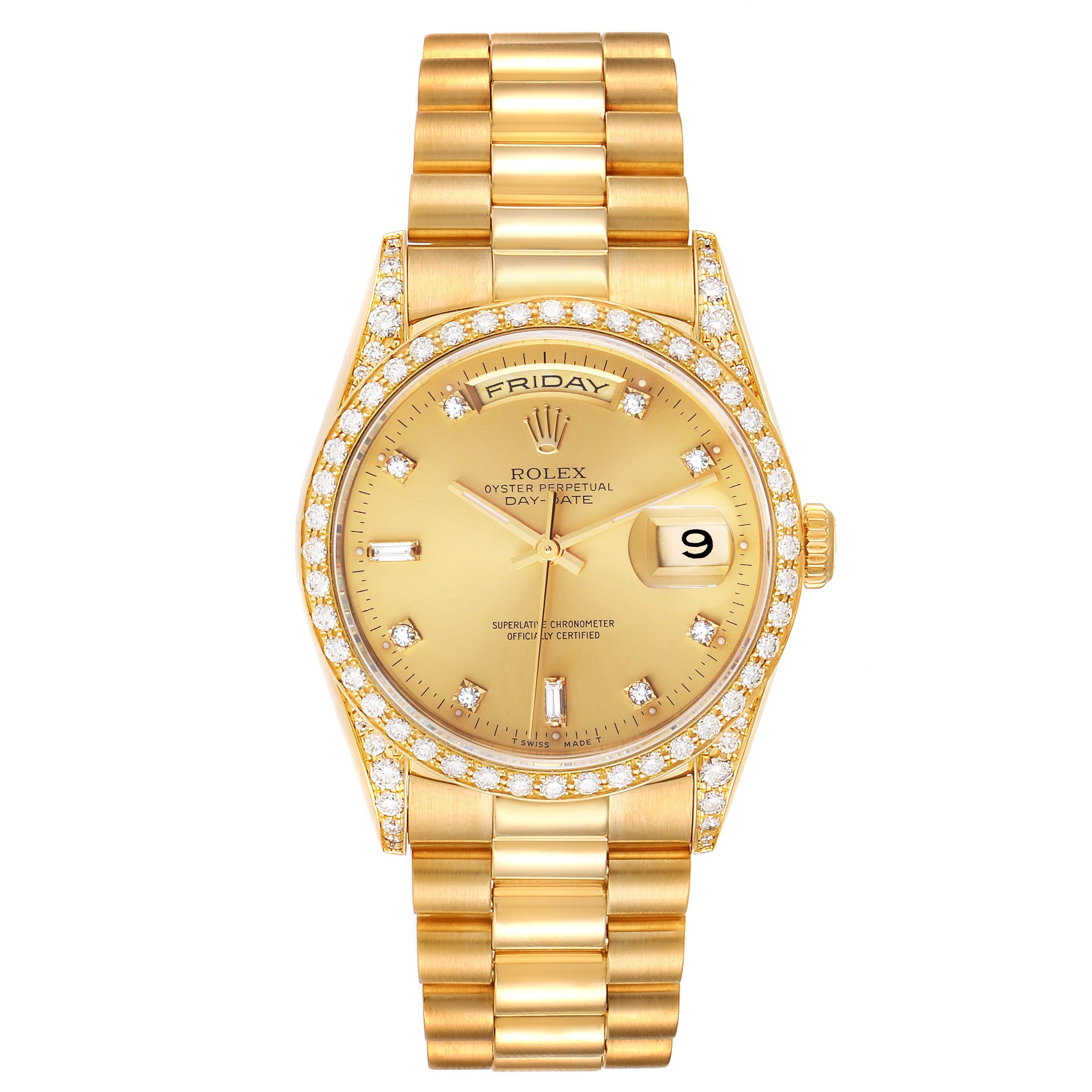 The Rolex President 18388 Men's Yellow Gold Champagne Dial 18388 Men's Yellow Gold Champagne Dial model watch is shown from a top-down angle, displaying the face, bezel, and bracelet.