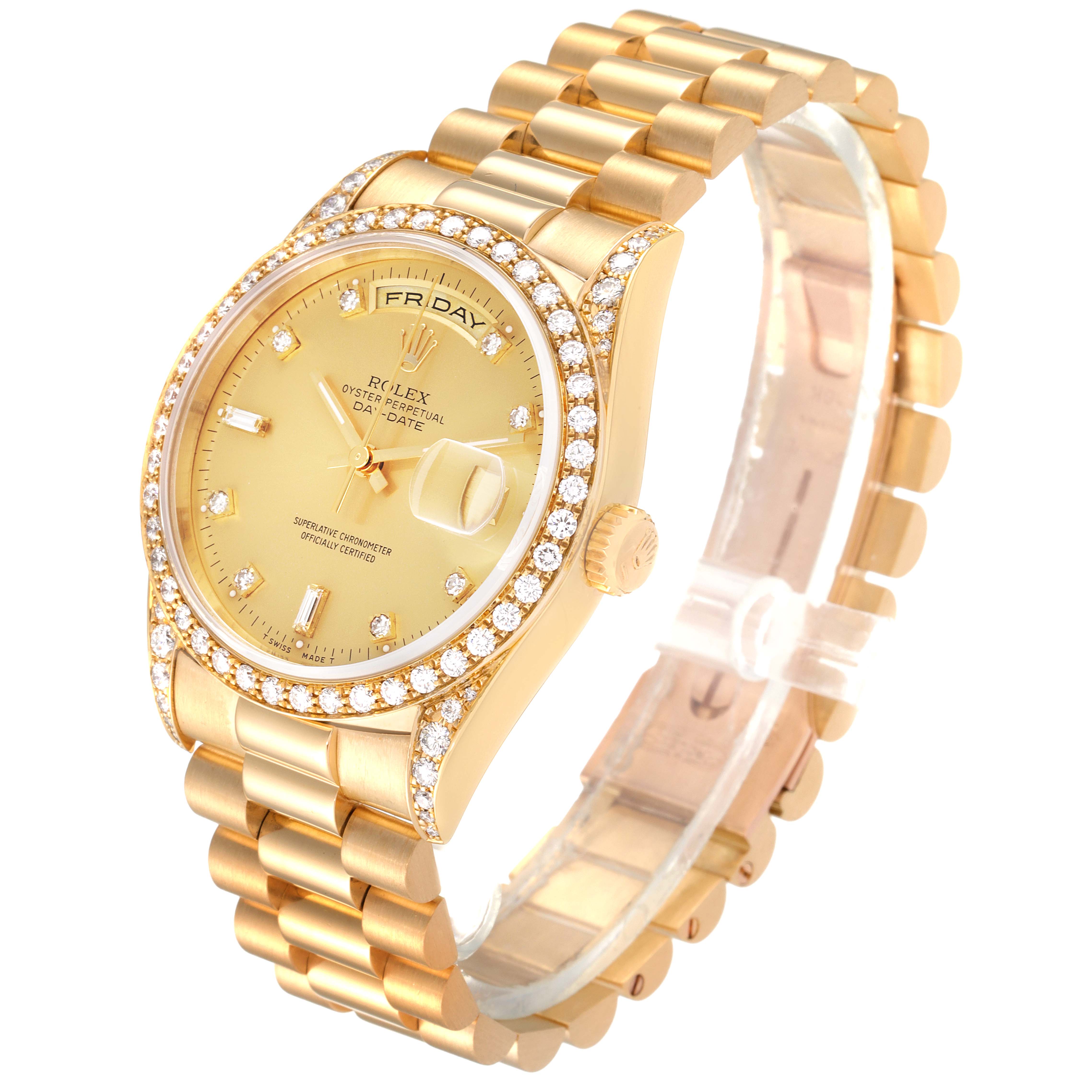 The image shows an angled view of a Rolex President 18388 Men's Yellow Gold Champagne Dial 18388 Men's Yellow Gold Champagne Dial model watch, highlighting its face, bezel, and bracelet.
