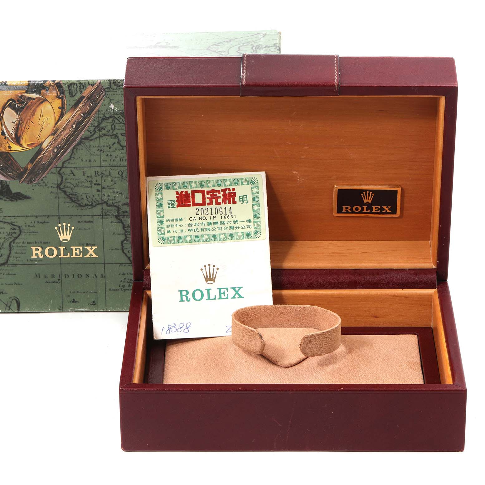 The image shows the original packaging, a certificate, and a cushion for the Rolex President 18388 Men's Yellow Gold Champagne Dial 18388 Men's Yellow Gold Champagne Dial model watch.