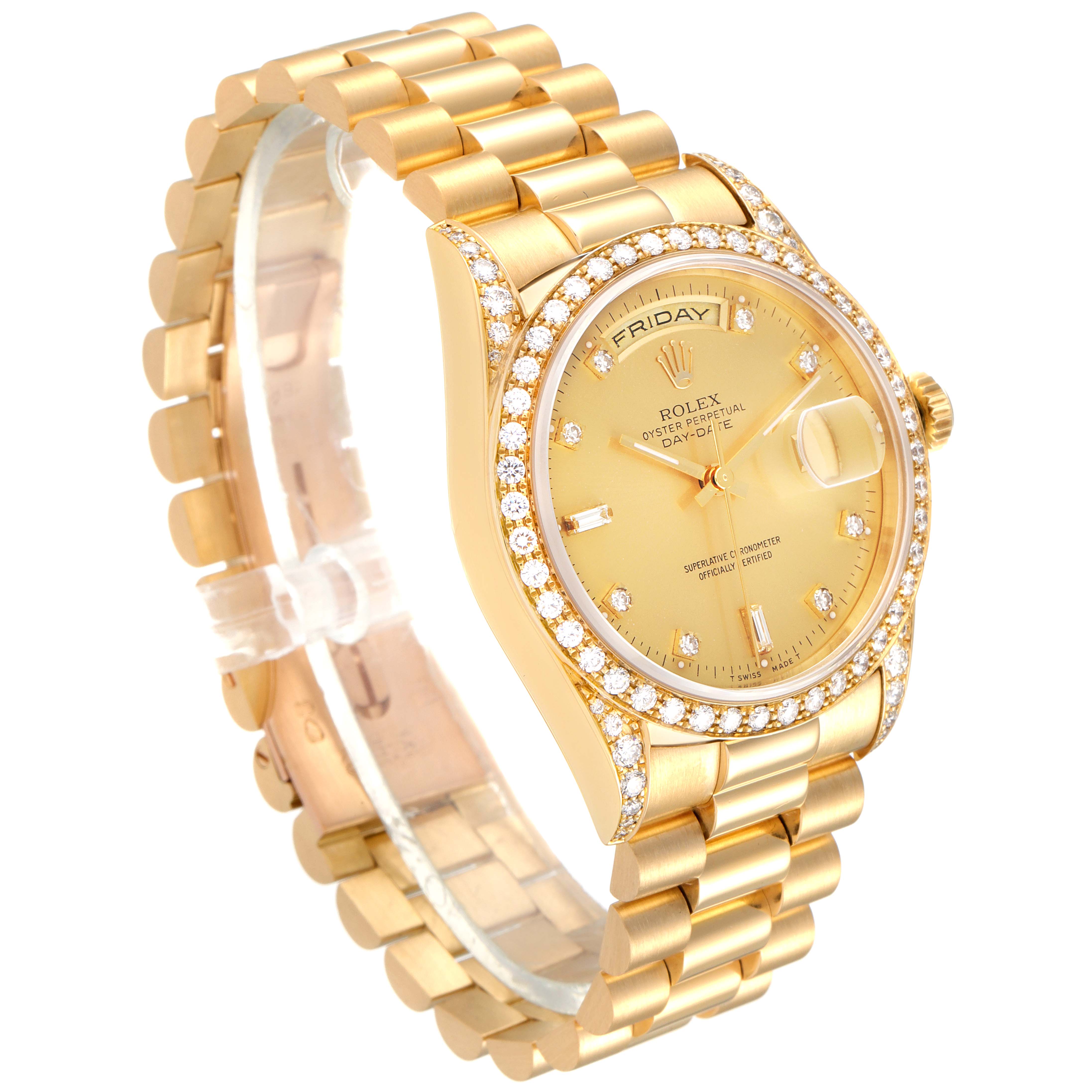 This image shows a Rolex President 18388 Men's Yellow Gold Champagne Dial 18388 Men's Yellow Gold Champagne Dial model watch from a slightly tilted front angle, highlighting the bracelet, bezel, and dial.