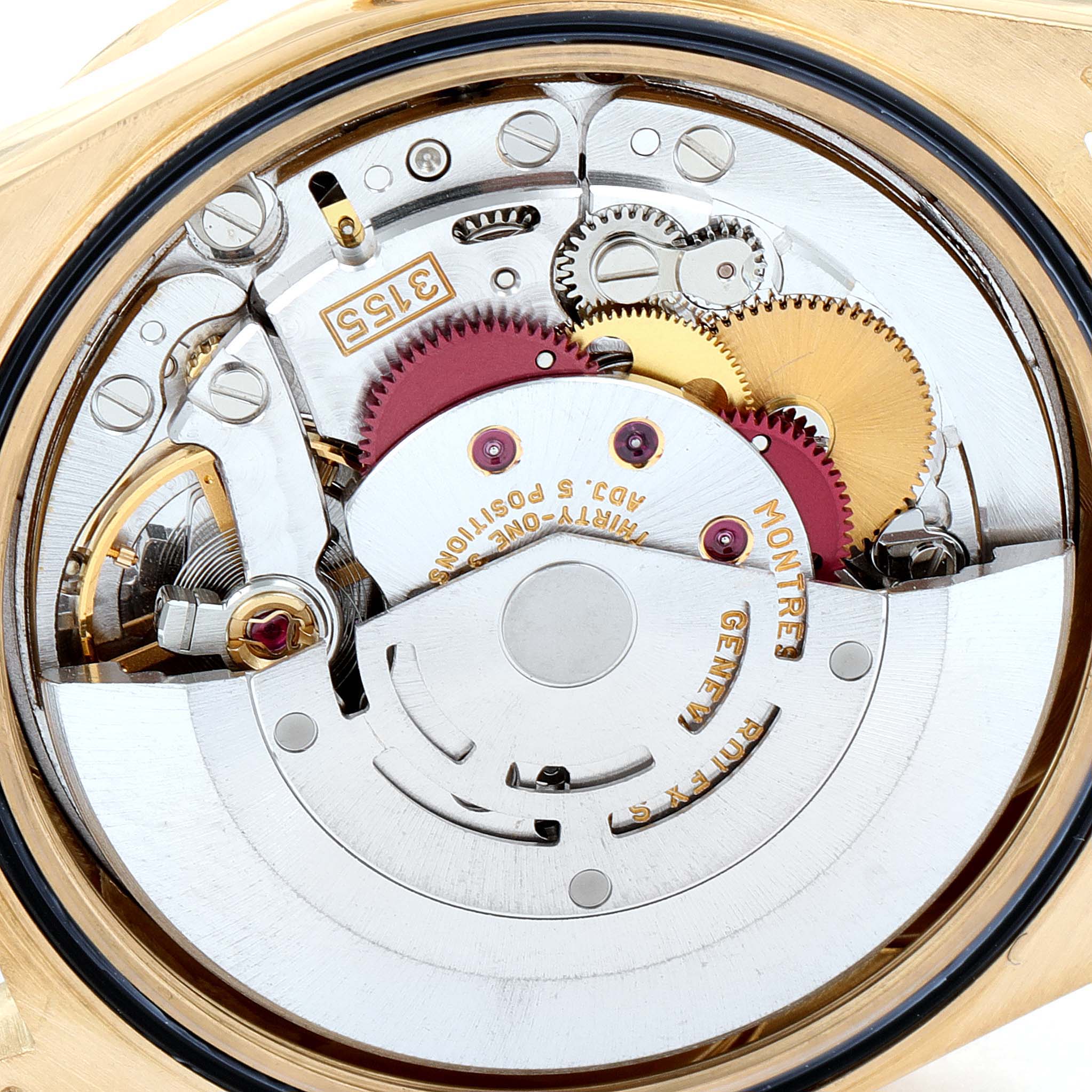 This is a close-up view of the movement mechanism inside a Rolex President 18388 Men's Yellow Gold Champagne Dial 18388 Men's Yellow Gold Champagne Dial model watch.