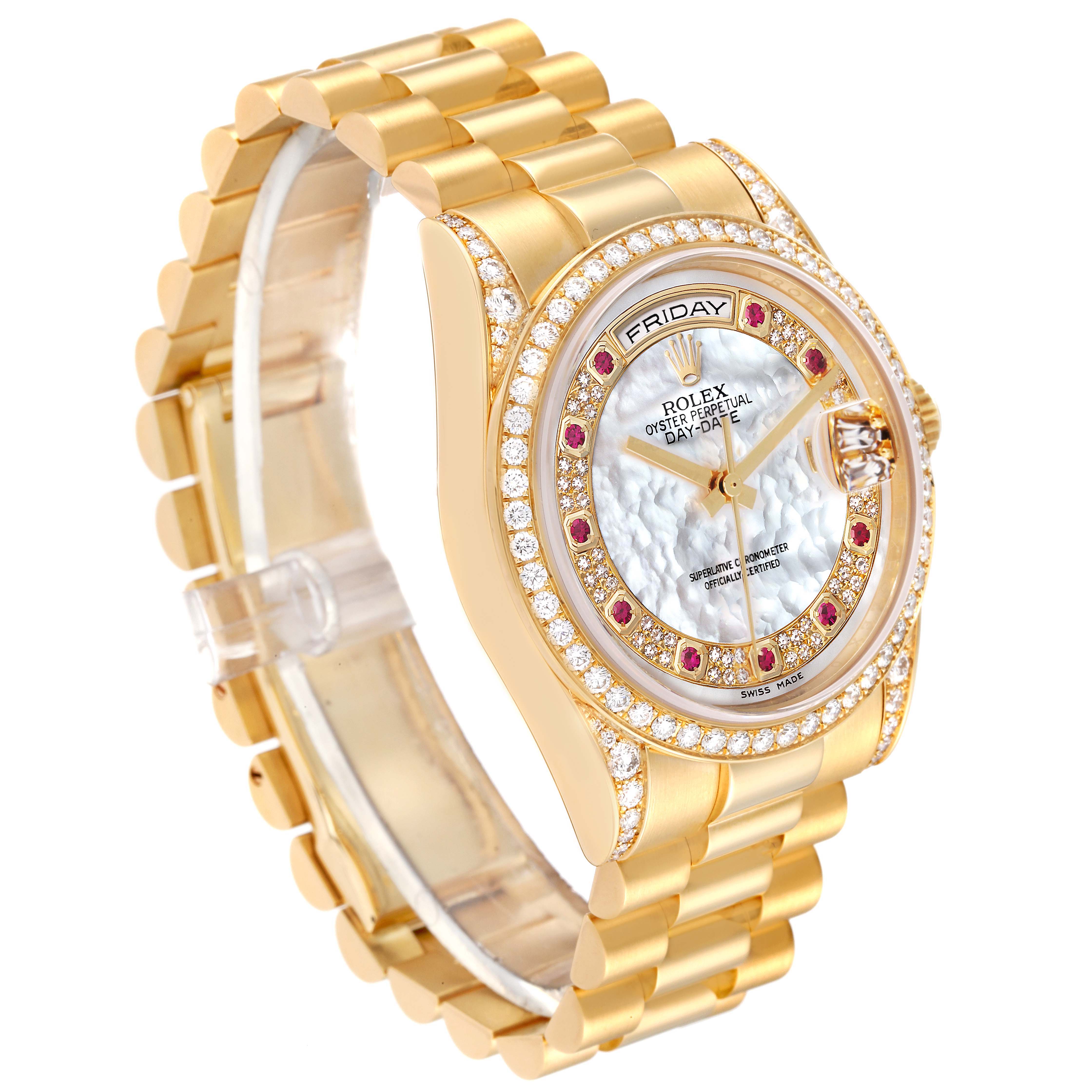 The Rolex President 118388 Men's Yellow Gold Mother of Pearl Dial 118388 Men's Yellow Gold Mother of Pearl Dial watch is shown at an angled view, displaying the face, bezel, and linked bracelet.