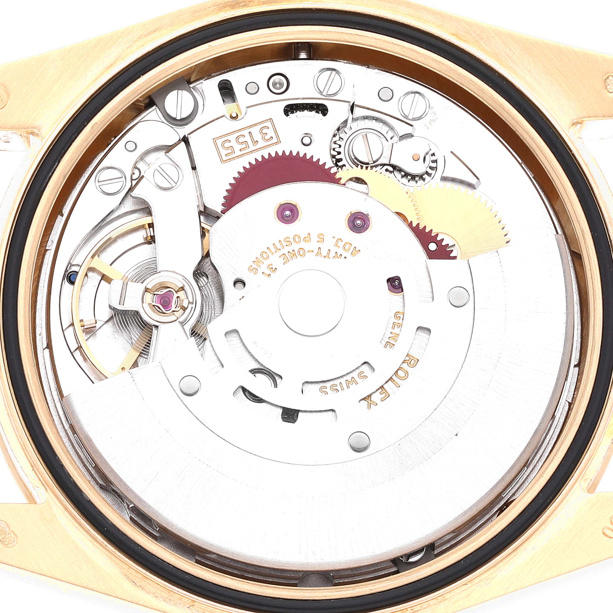 The image shows the internal mechanism and parts of a Rolex President 118388 Men's Yellow Gold Mother of Pearl Dial 118388 Men's Yellow Gold Mother of Pearl Dial model watch, viewed from the case back.