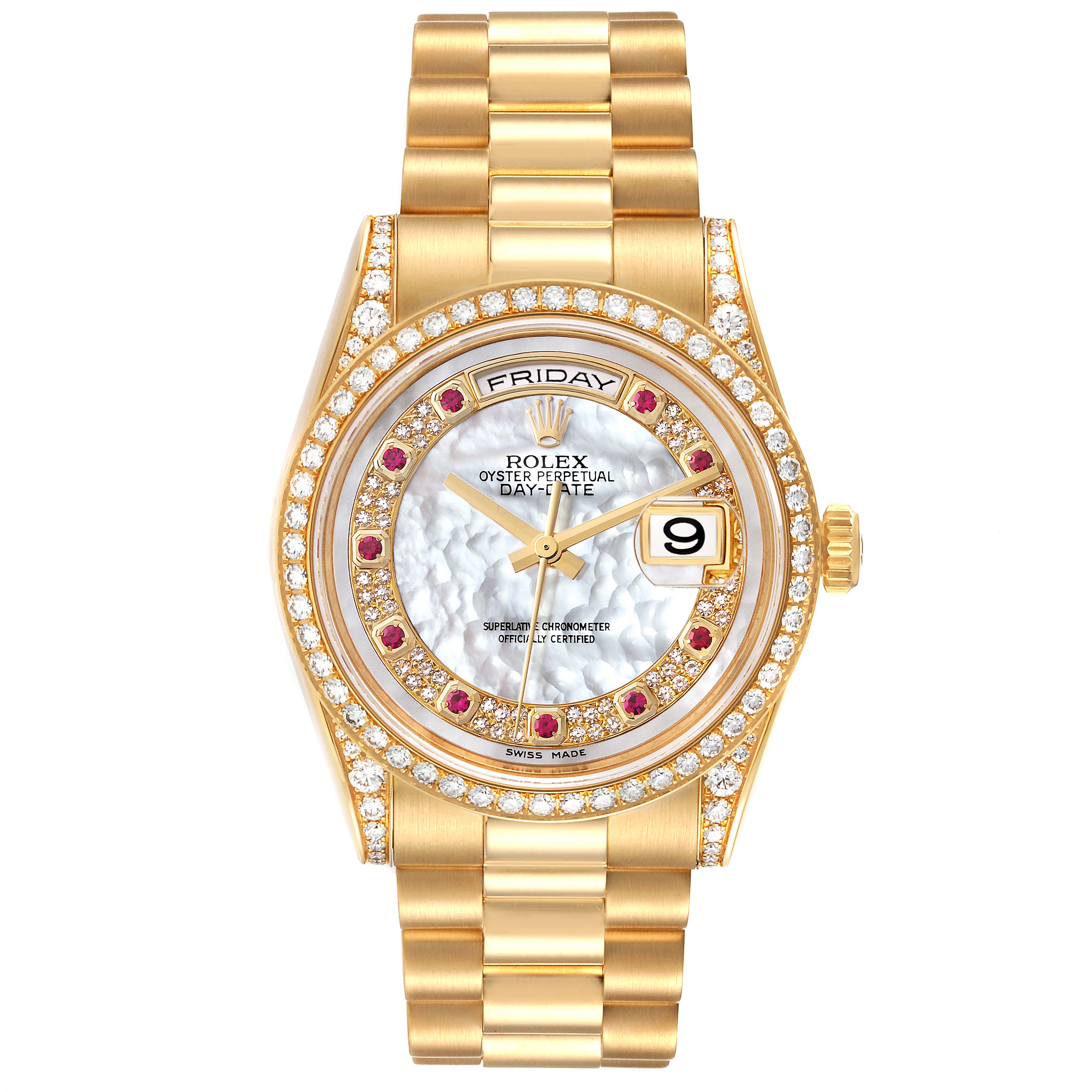 The image shows a front view of a Rolex President 118388 Men's Yellow Gold Mother of Pearl Dial 118388 Men's Yellow Gold Mother of Pearl Dial model watch, highlighting its dial, bezel, and bracelet.