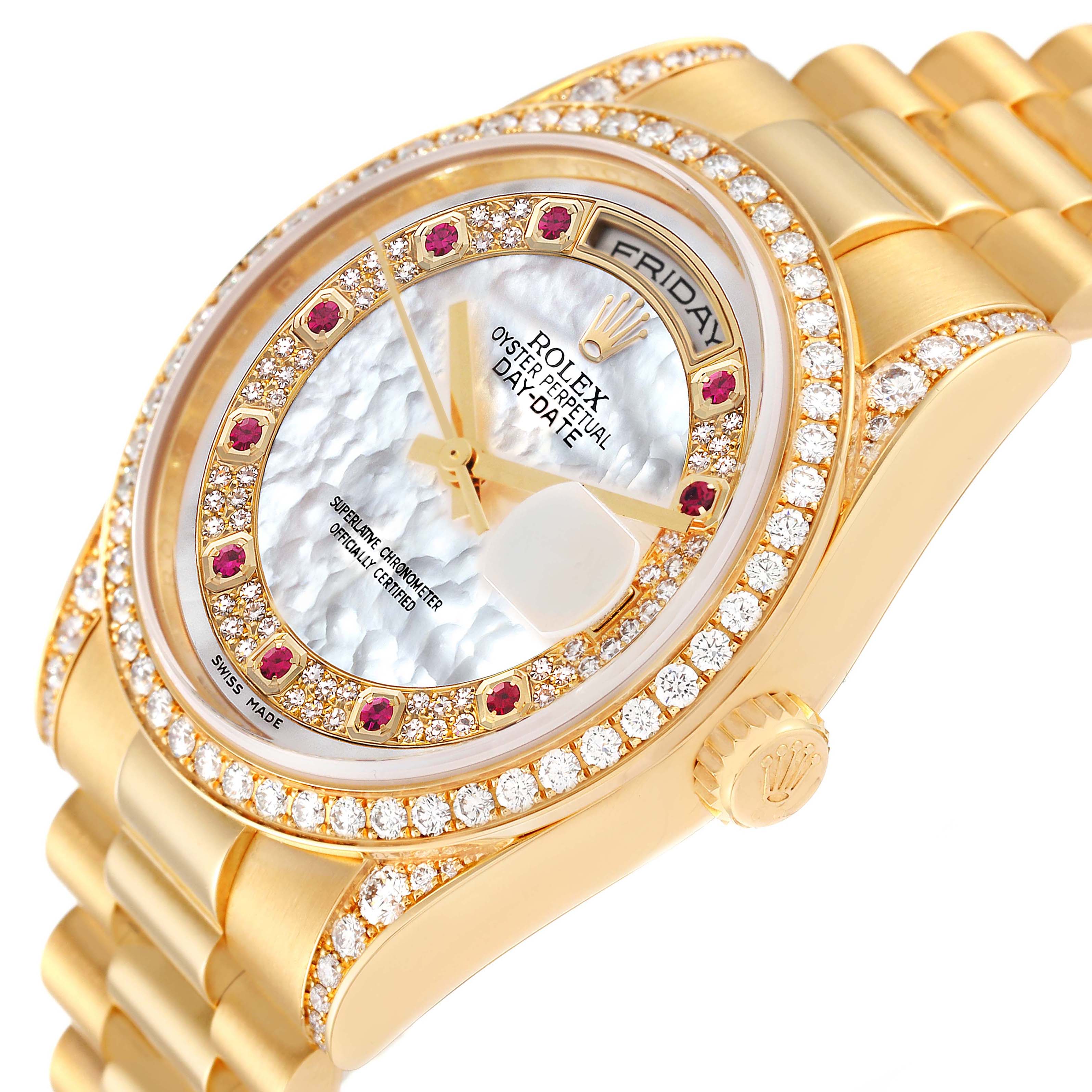 This image shows a close-up, angled view of the Rolex President 118388 Men's Yellow Gold Mother of Pearl Dial 118388 Men's Yellow Gold Mother of Pearl Dial watch, highlighting its face, bezel, and part of the band.