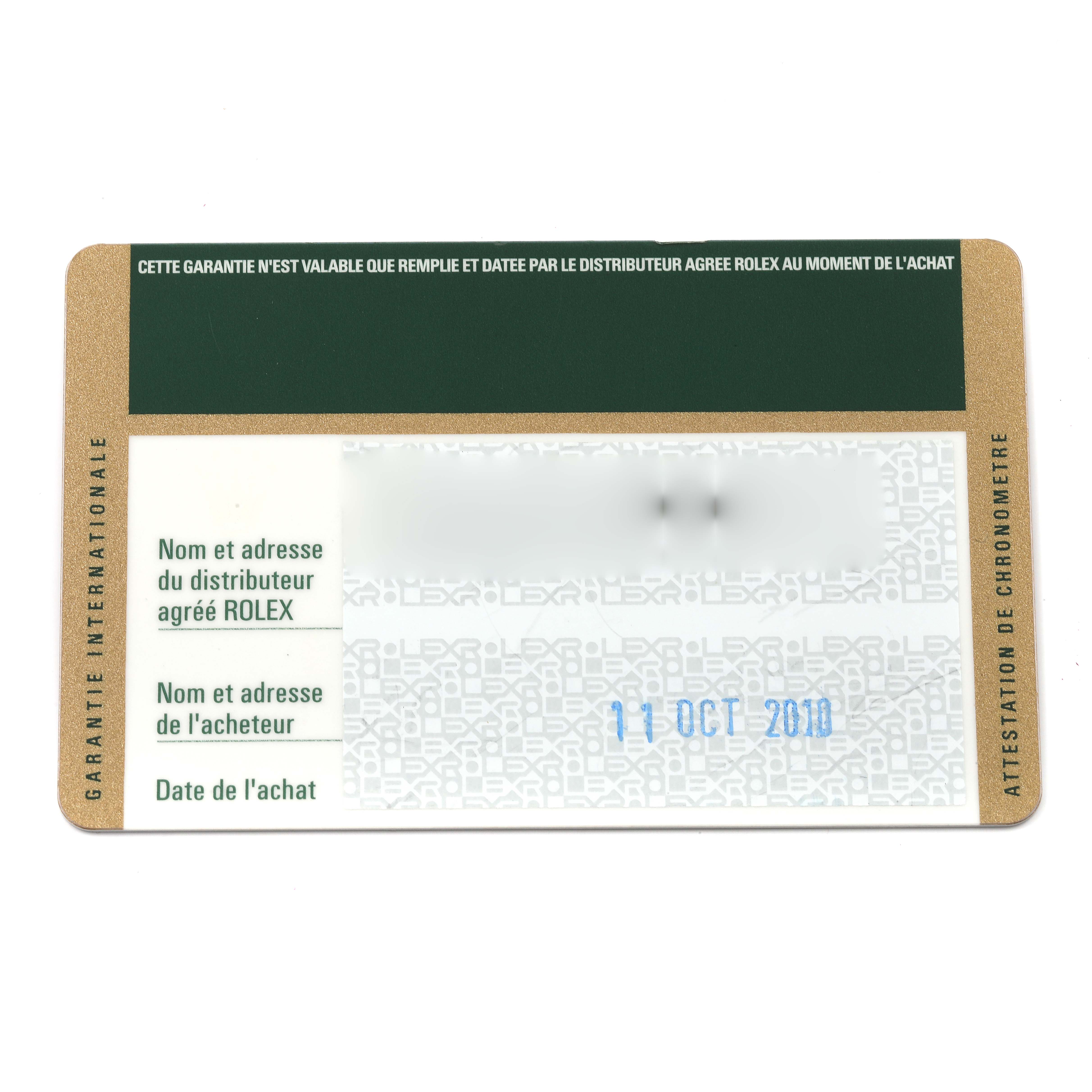 This image shows a warranty card for the Rolex President 118388 Men's Yellow Gold Mother of Pearl Dial 118388 Men's Yellow Gold Mother of Pearl Dial model, displaying the purchase date and dealer information sections.