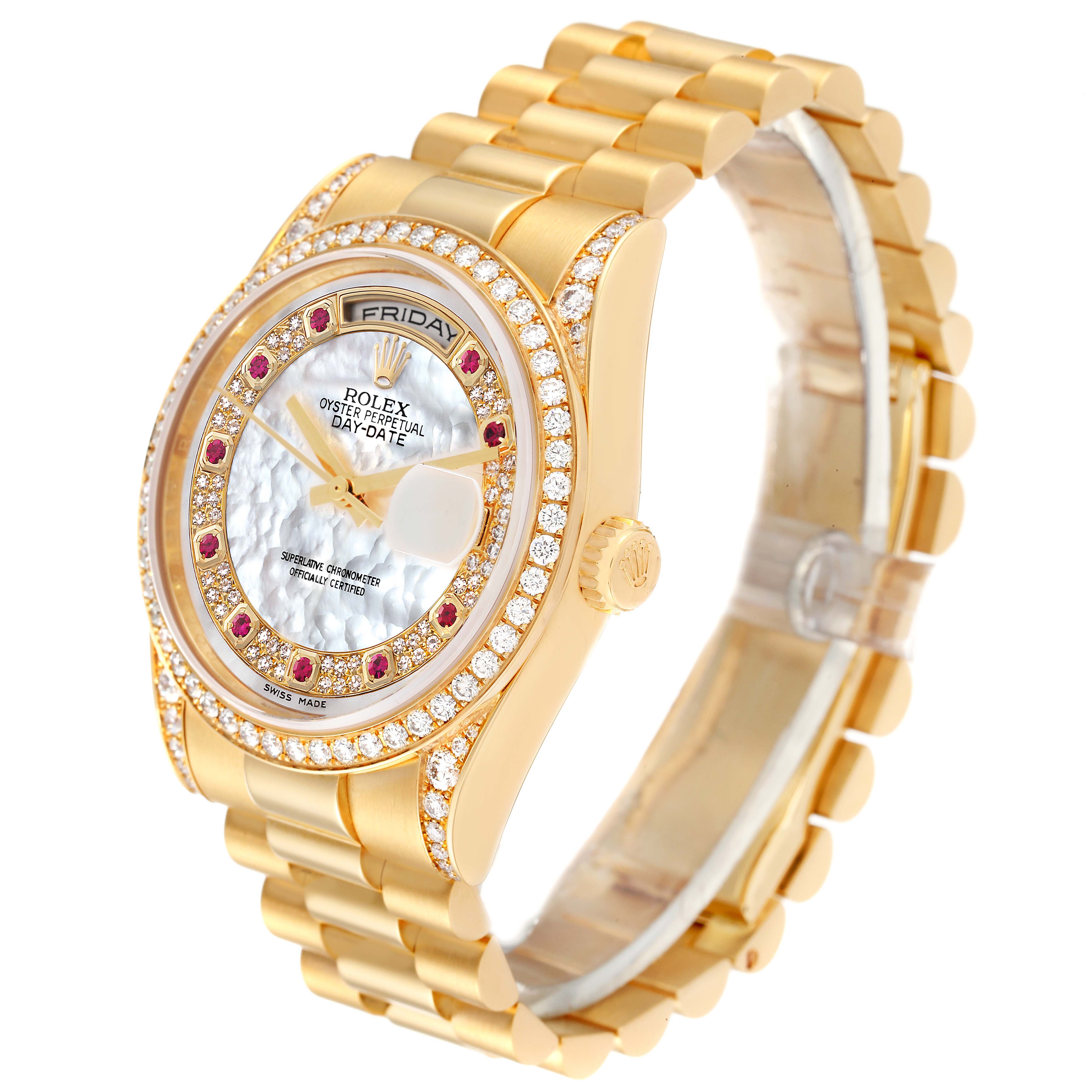 This Rolex President 118388 Men's Yellow Gold Mother of Pearl Dial 118388 Men's Yellow Gold Mother of Pearl Dial model watch is shown from a slightly tilted side angle, displaying the face, bezel, crown, and bracelet.