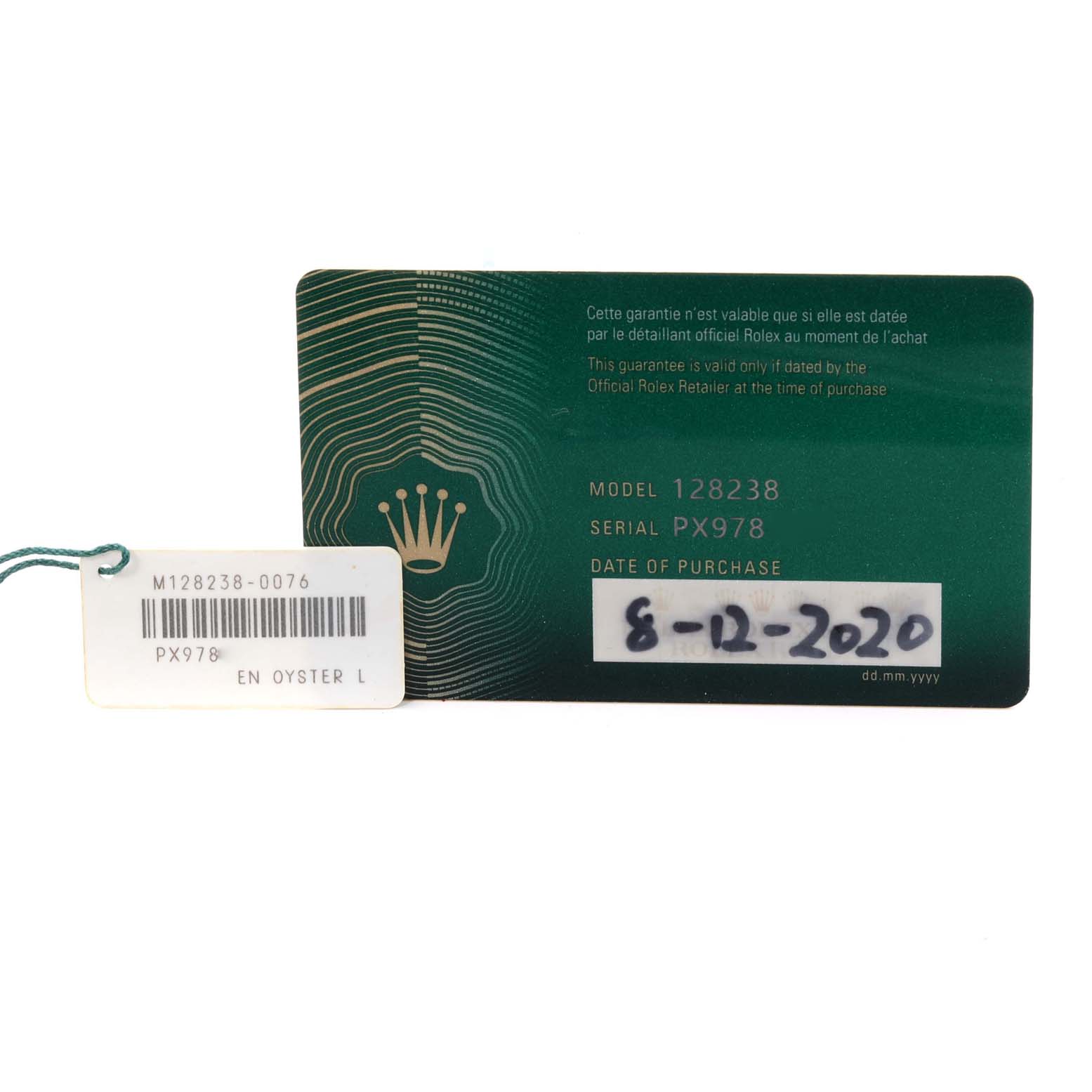 The image shows the warranty card and tag for a Rolex President 128238 Men
s Yellow Gold White Dial 128238 Men
s Yellow Gold White Dial model with a visible purchase date of 8-12-2020.