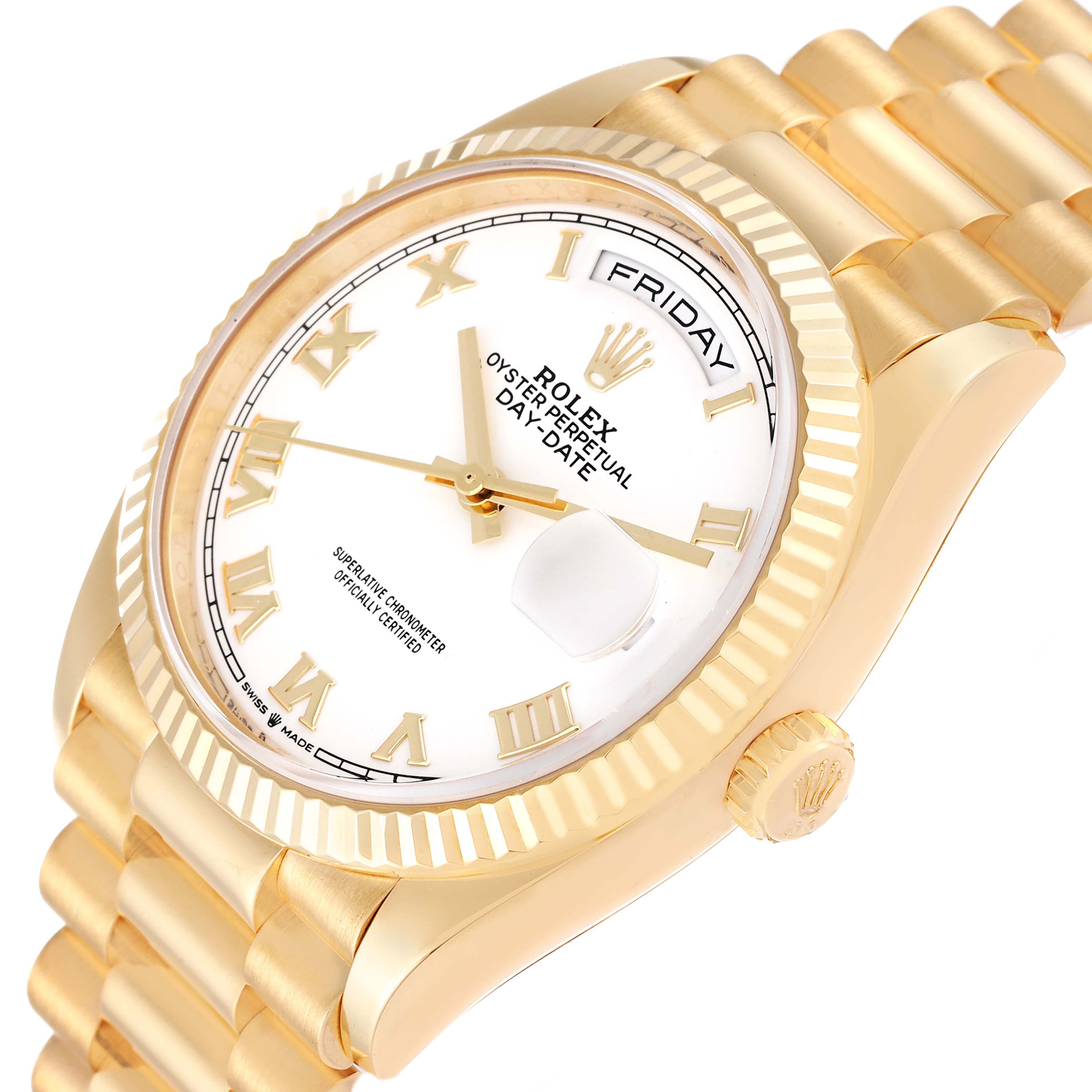 This image shows a close-up angle of a Rolex President 128238 Men
s Yellow Gold White Dial 128238 Men
s Yellow Gold White Dial model watch, emphasizing the dial, bezel, crown, and part of the bracelet.