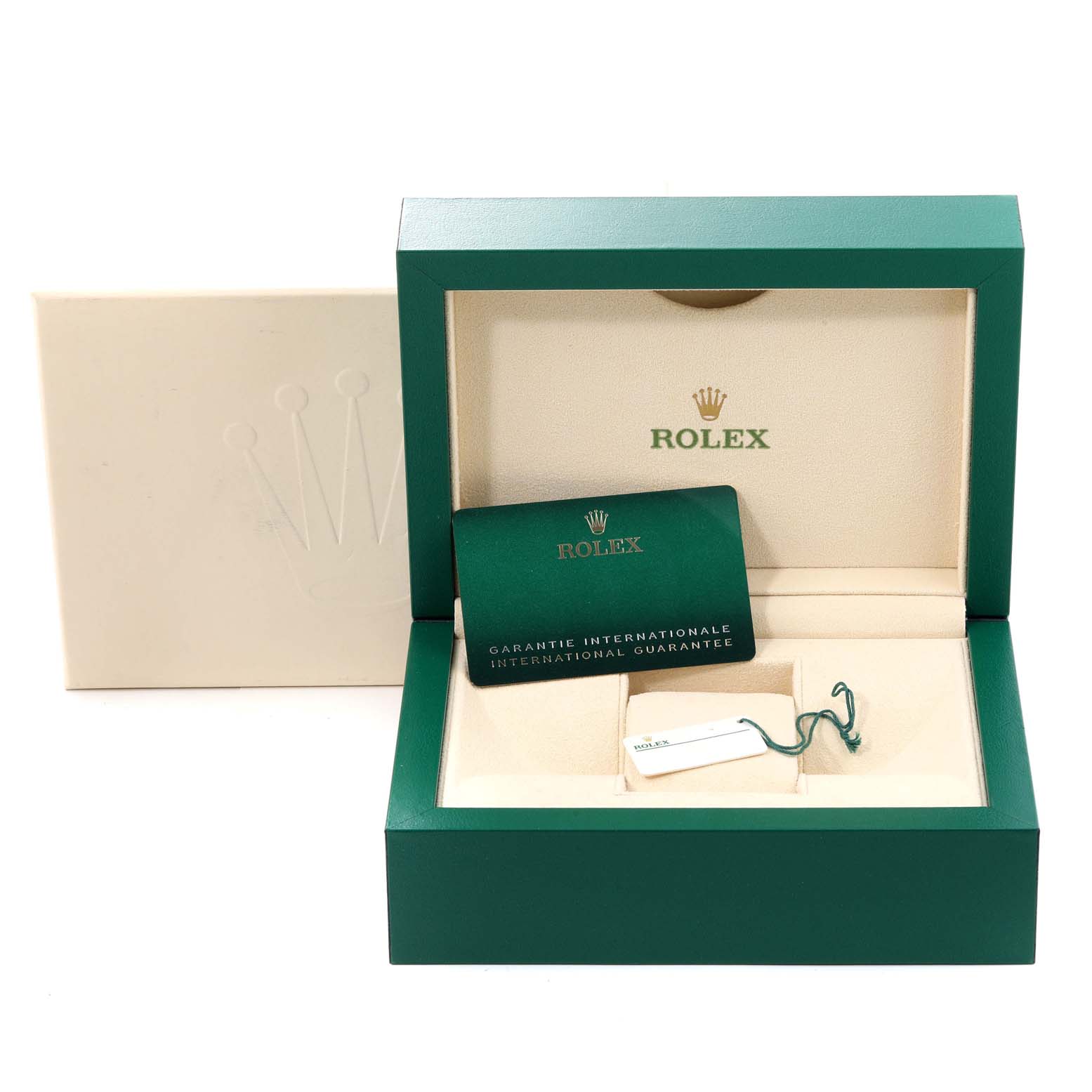 This image shows the packaging and accessories, including the warranty card, for the Rolex President 128238 Men
s Yellow Gold White Dial 128238 Men
s Yellow Gold White Dial model watch.
