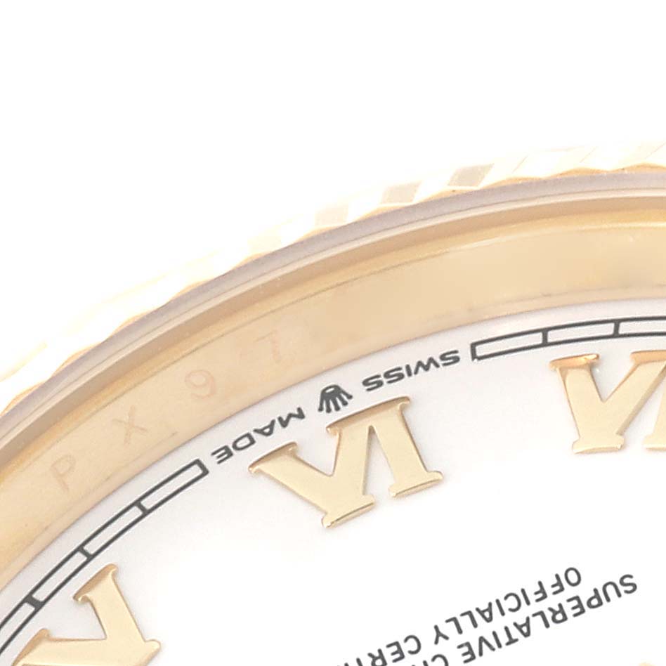 This image shows a close-up of the Rolex President 128238 Men
s Yellow Gold White Dial 128238 Men
s Yellow Gold White Dial watch dial, bezel, and partial Roman numeral markings.