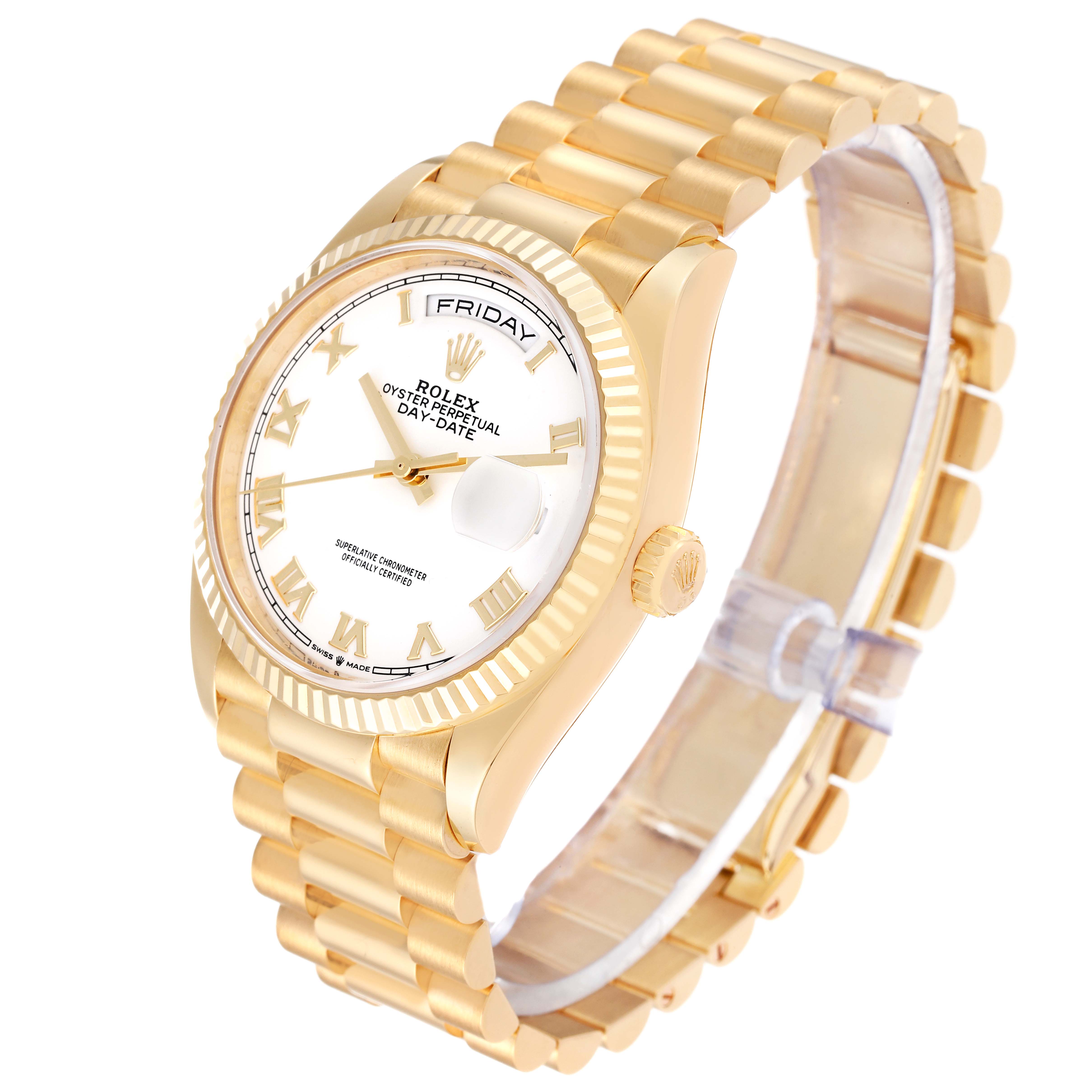 The image shows a Rolex President 128238 Men
s Yellow Gold White Dial 128238 Men
s Yellow Gold White Dial model watch at a three-quarter angle, highlighting the gold bracelet, dial, bezel, and crown.
