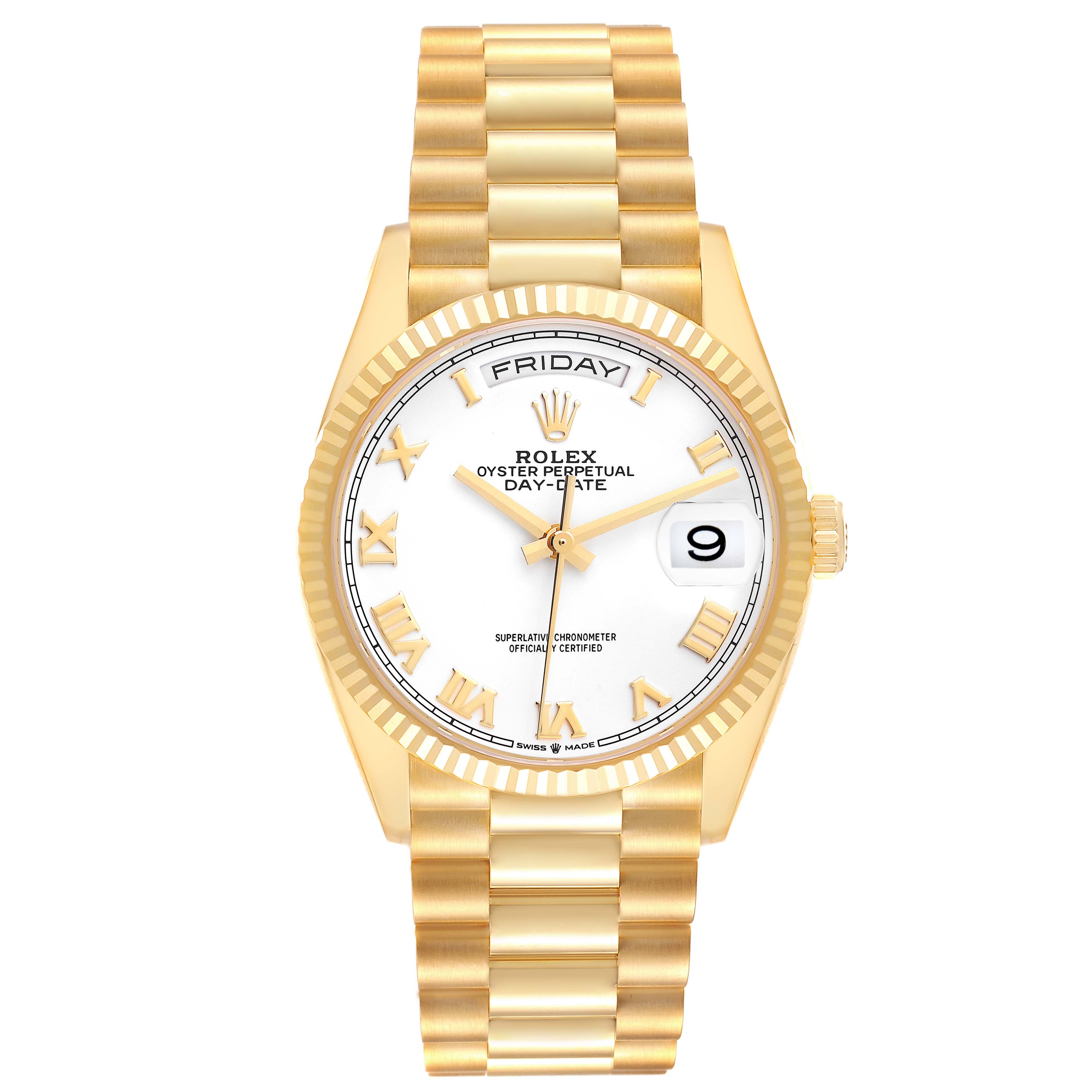 The Rolex President 128238 Men
s Yellow Gold White Dial 128238 Men
s Yellow Gold White Dial model watch is shown from the front, displaying the dial, bezel, and bracelet.