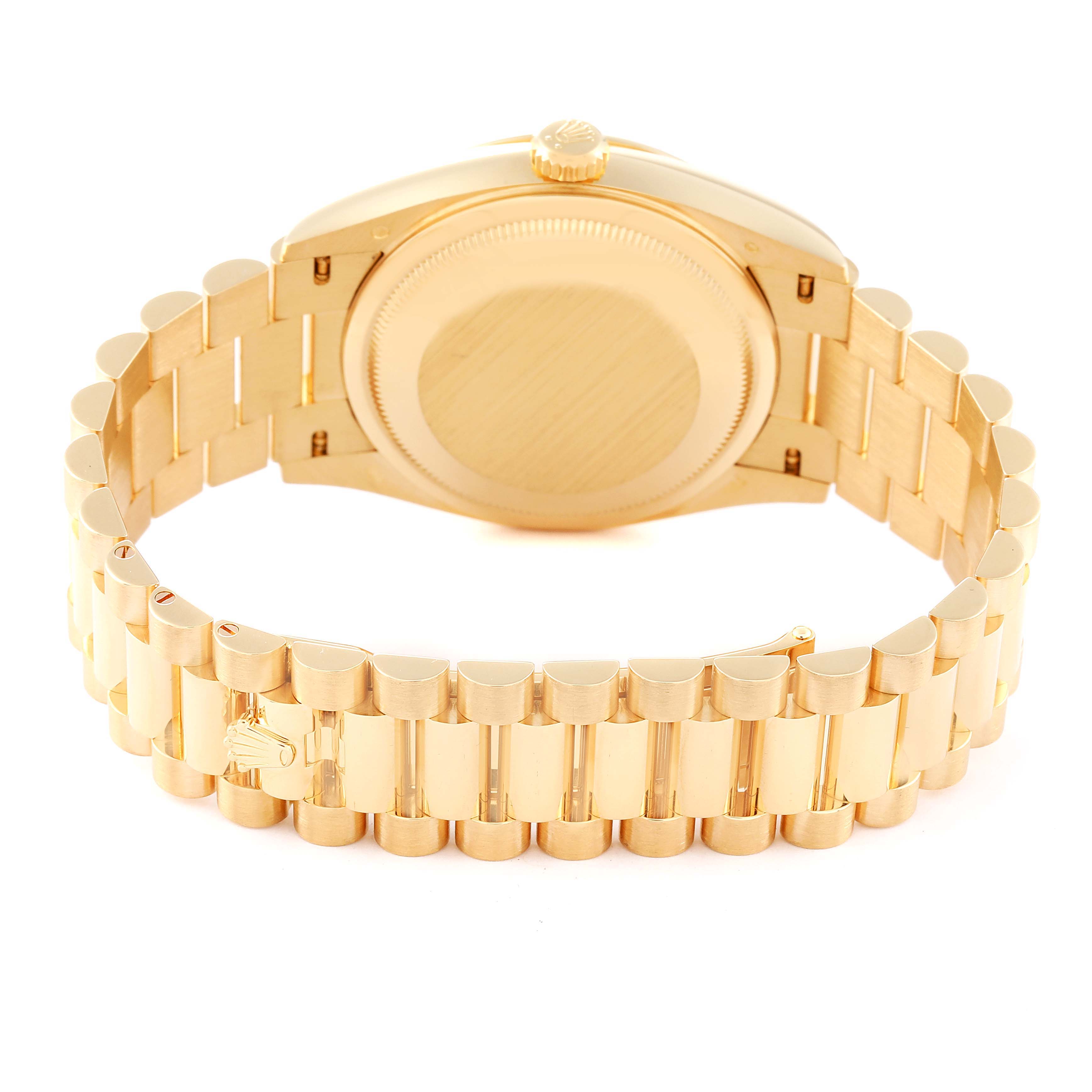 The image shows the back view of the Rolex President 128238 Men
s Yellow Gold White Dial 128238 Men
s Yellow Gold White Dial model watch, displaying its case back and bracelet.