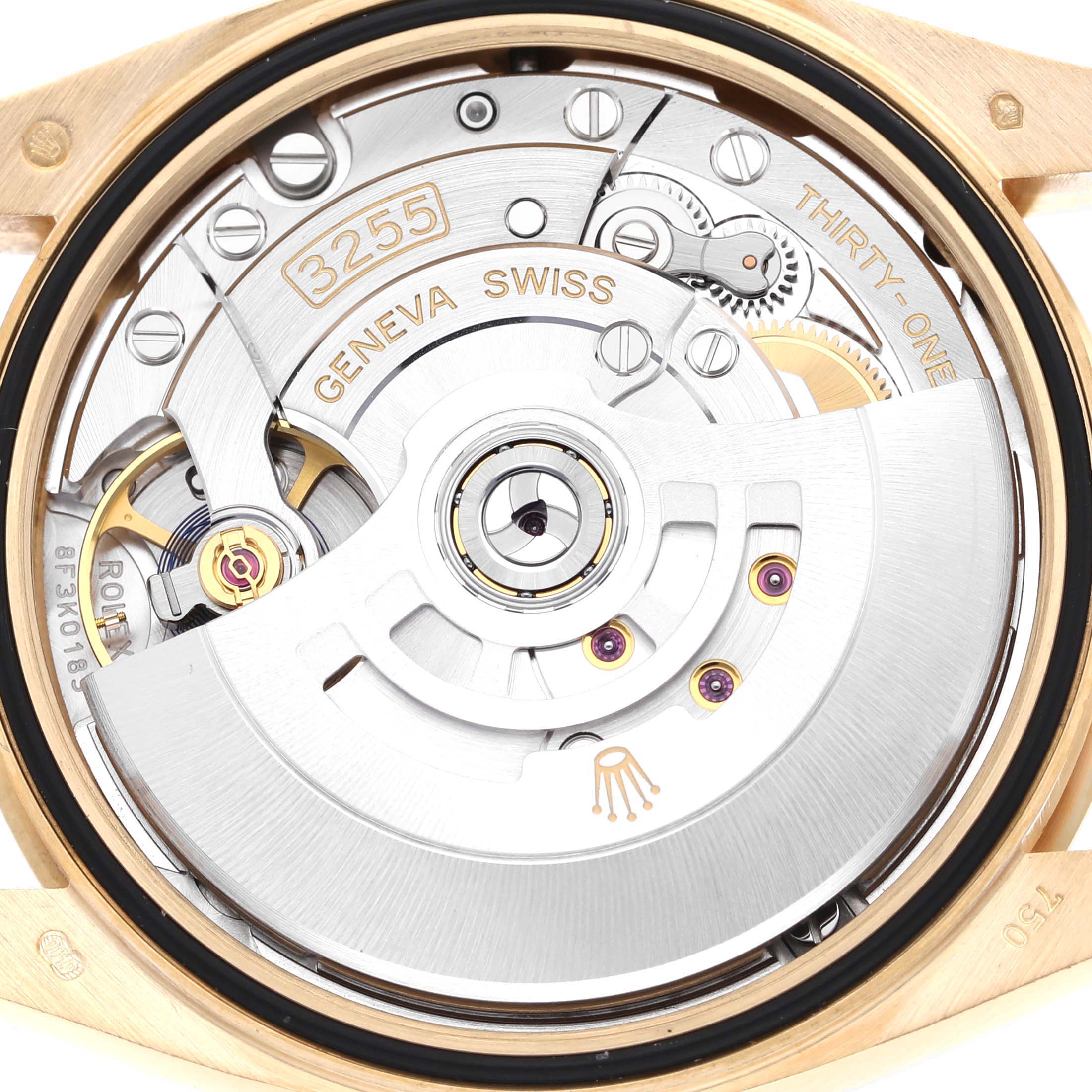 This image shows the intricate mechanical movement from the back of a Rolex President 128238 Men
s Yellow Gold White Dial 128238 Men
s Yellow Gold White Dial model watch.